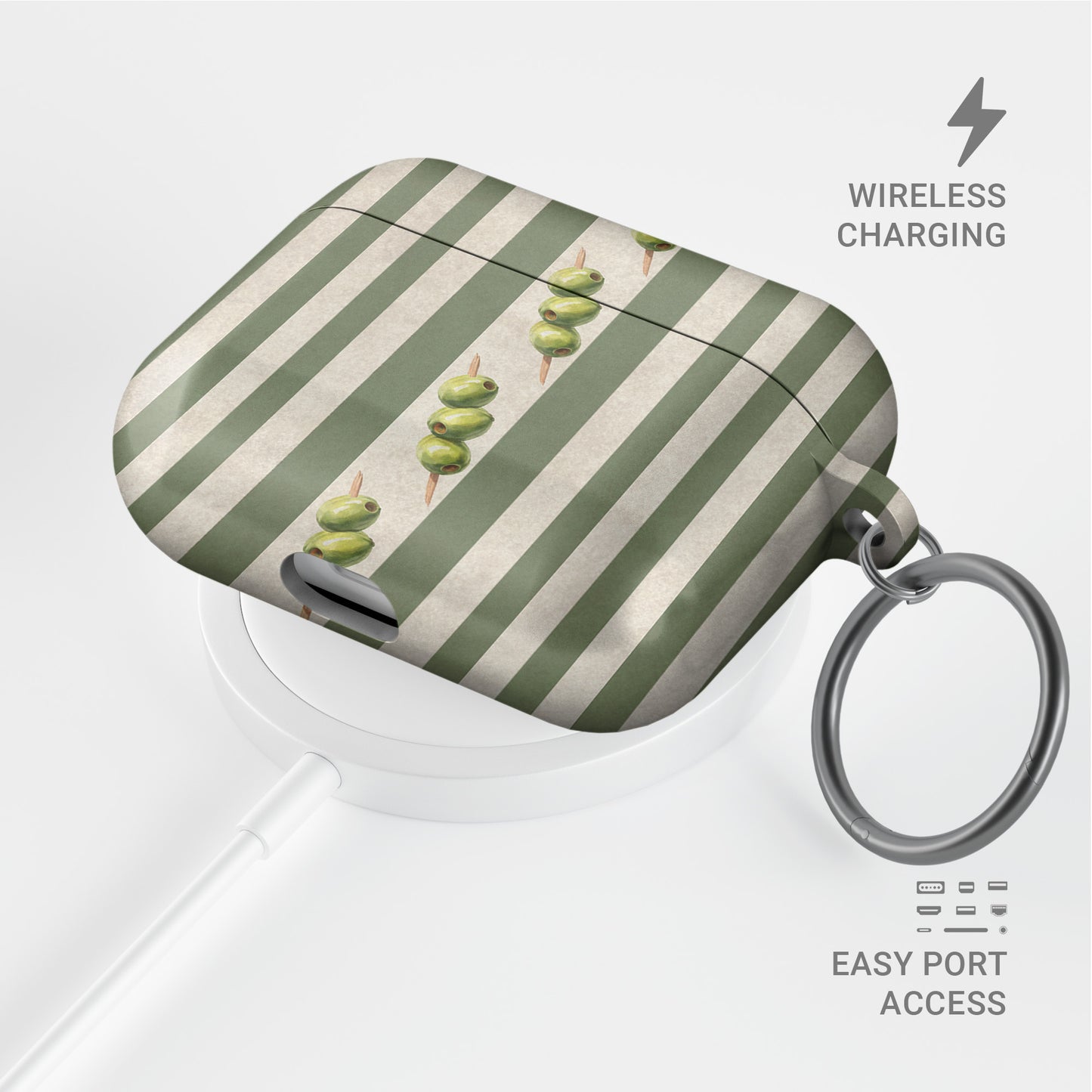 olive stripe airpods case with green stripes and cocktail olive design