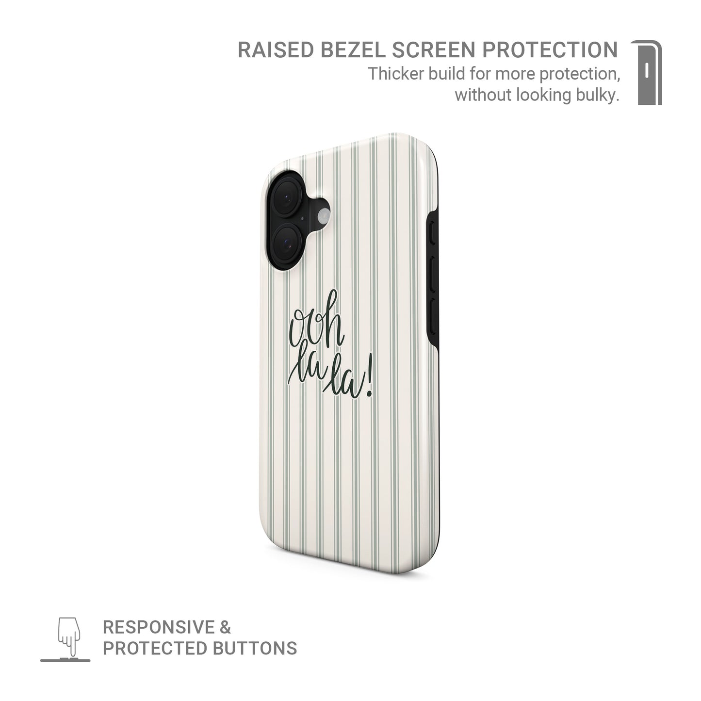 ooh la la tough phone case with neutral stripe background cute aesthetic iphone 15 case minimal quote design stylish cover