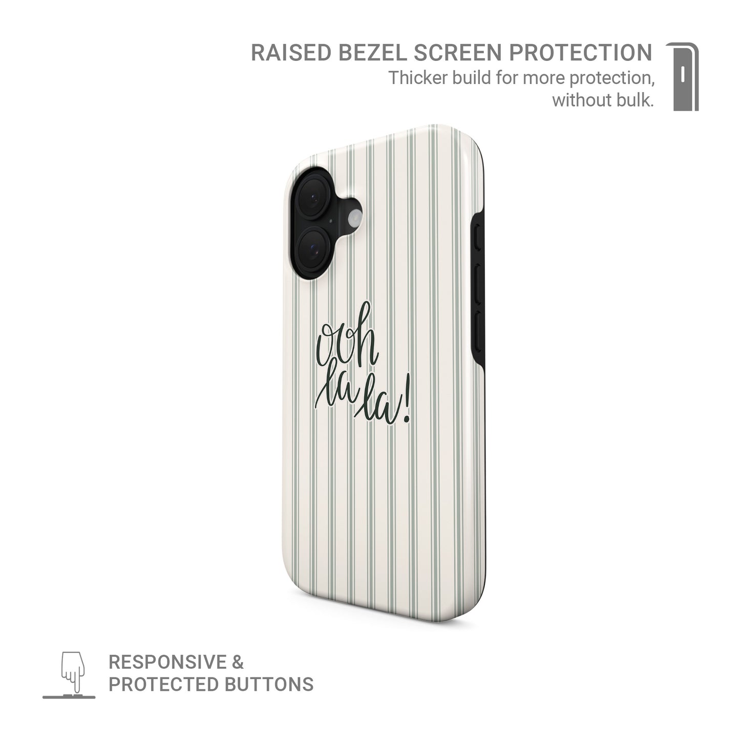 ooh la la tough phone case with neutral stripe background cute aesthetic iphone 15 case minimal quote design stylish cover