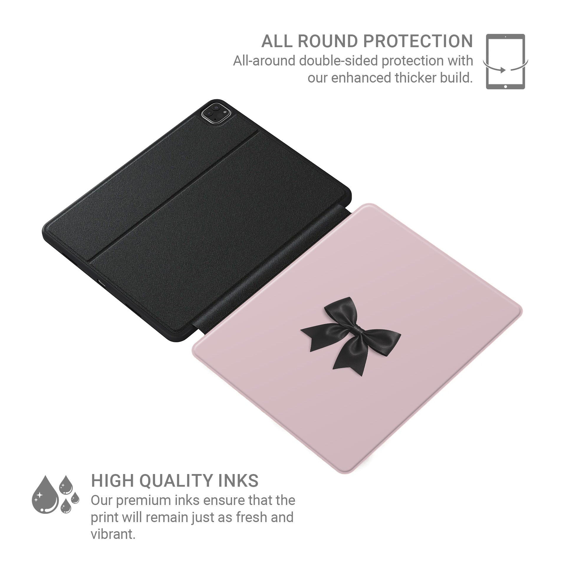 Parisian Satin iPad Case with black satin bow on blush pink background – slim, protective, coquette-inspired tablet cover with Apple Pencil slot.