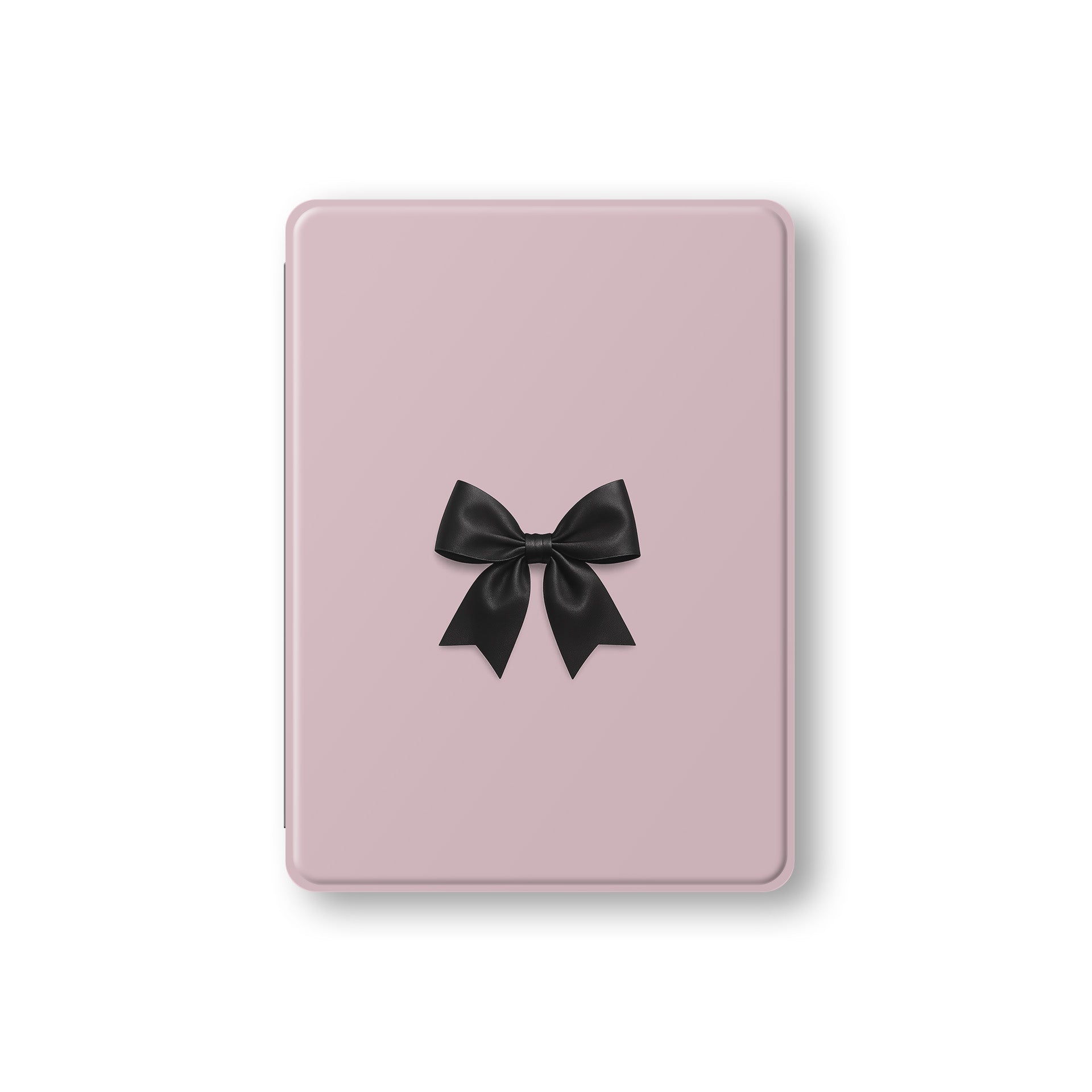 Parisian Satin iPad Case with black satin bow on blush pink background – slim, protective, coquette-inspired tablet cover with Apple Pencil slot.