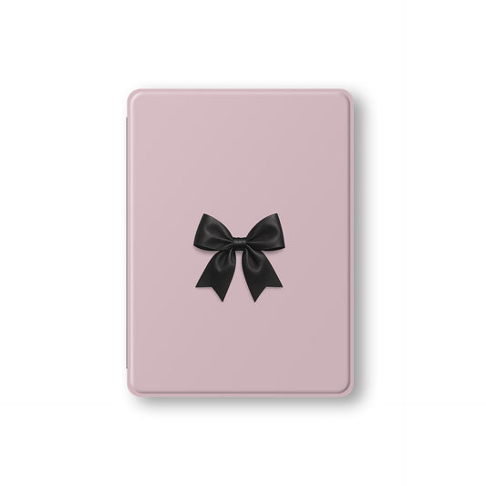 Parisian Satin iPad Case with black satin bow on blush pink background – slim, protective, coquette-inspired tablet cover with Apple Pencil slot.