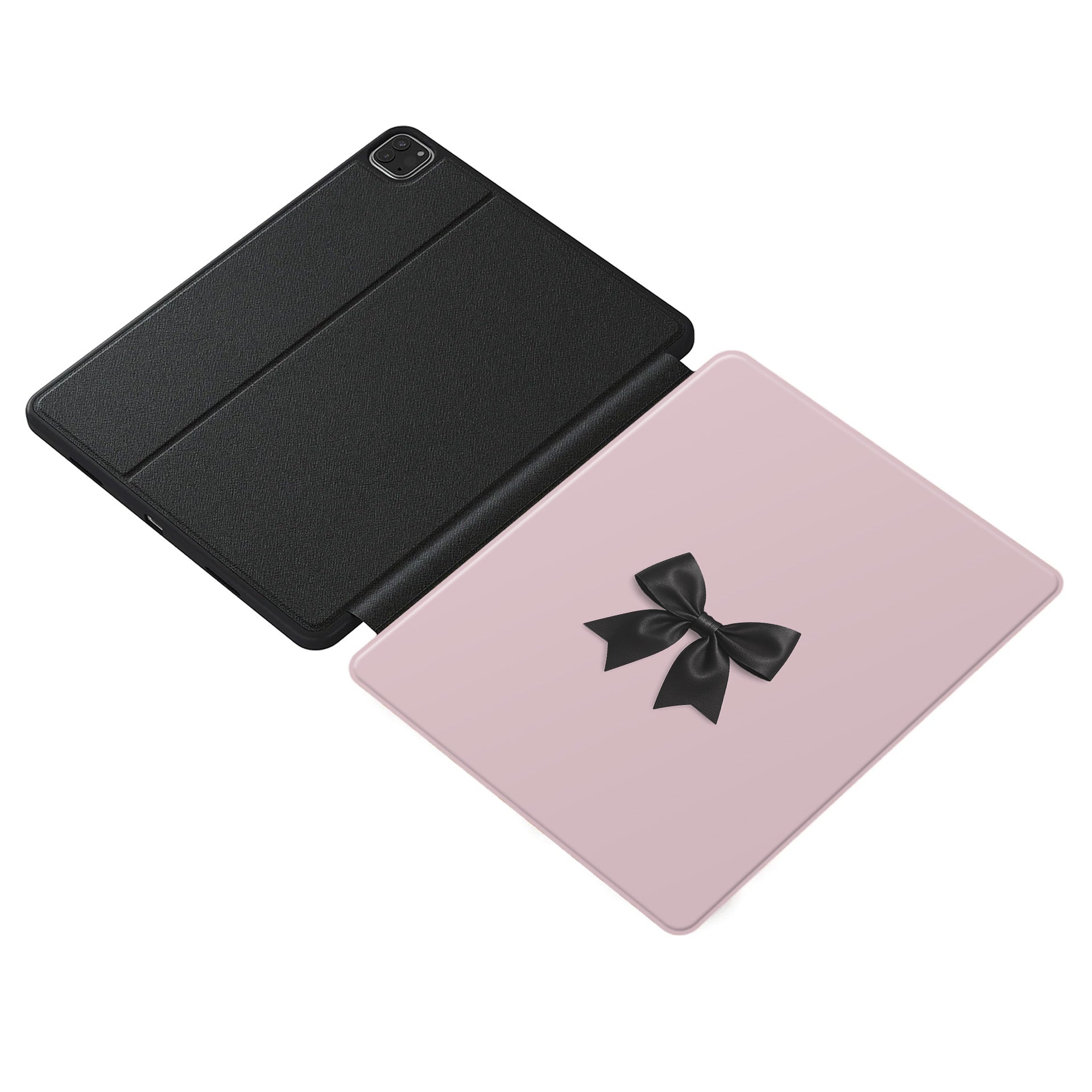 Parisian Satin iPad Case with black satin bow on blush pink background – slim, protective, coquette-inspired tablet cover with Apple Pencil slot.