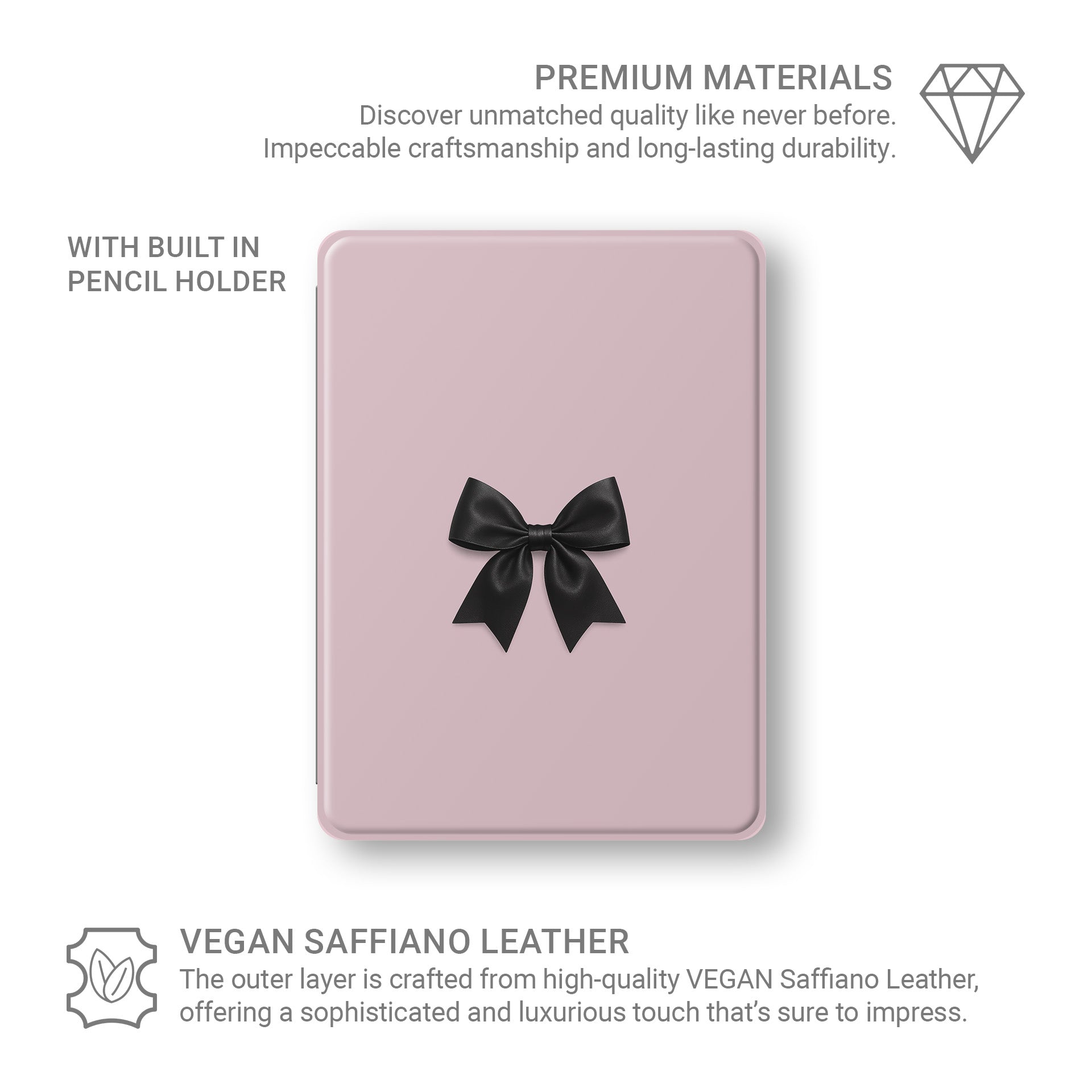 Parisian Satin iPad Case with black satin bow on blush pink background – slim, protective, coquette-inspired tablet cover with Apple Pencil slot.