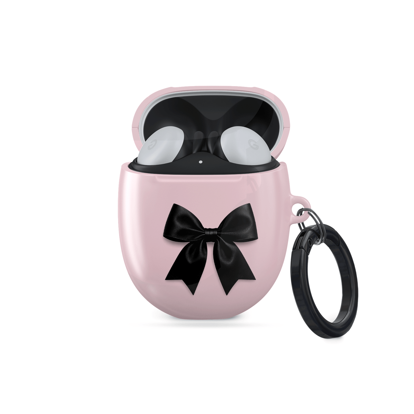 Parisian Satin Google Pixel Buds Case with blush pink background and black satin bow design – elegant coquette cover for Pixel Buds 2, A-Series, Pro, and Pro 2