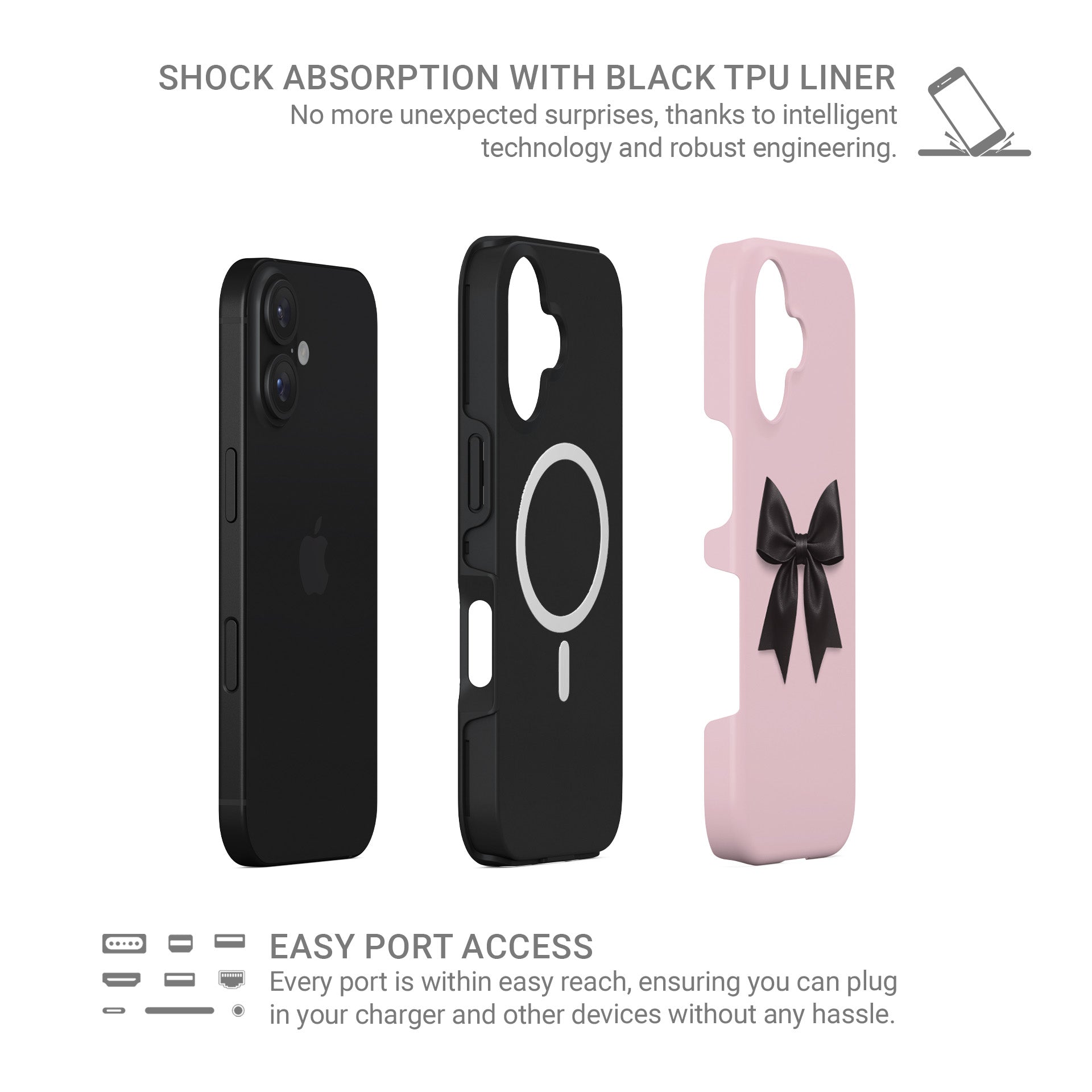 Chic designer MagSafe phone case featuring bold black ribbon bow