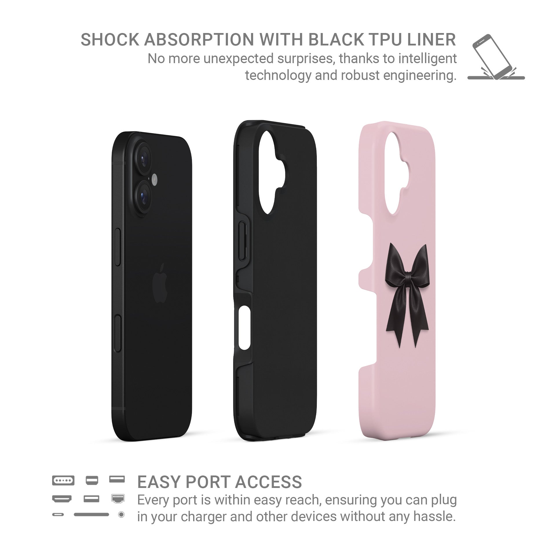 Stylish pink and black tough phone case with satin bow