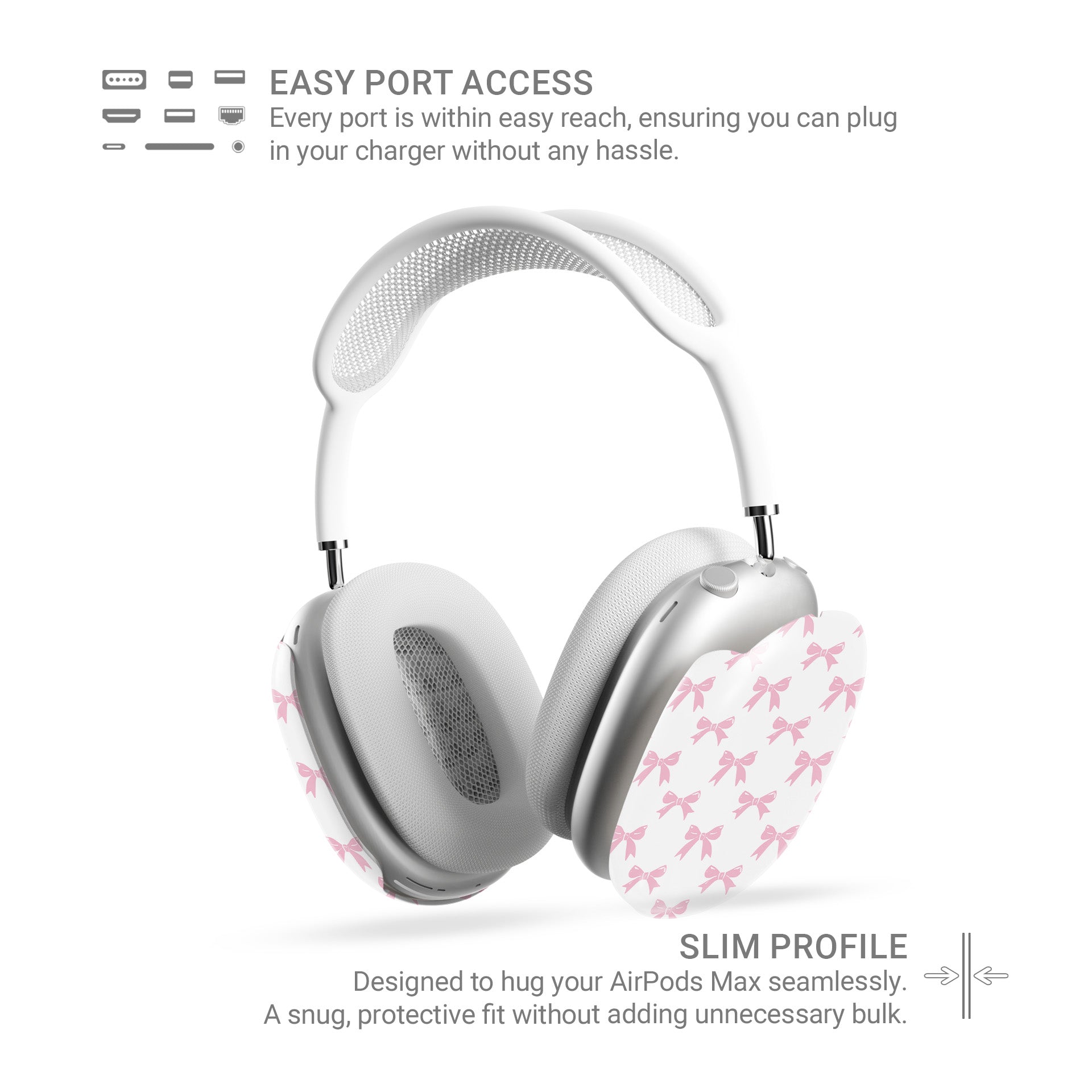 Durable scratch-resistant AirPods Max cover in Pastel Pink Bow design