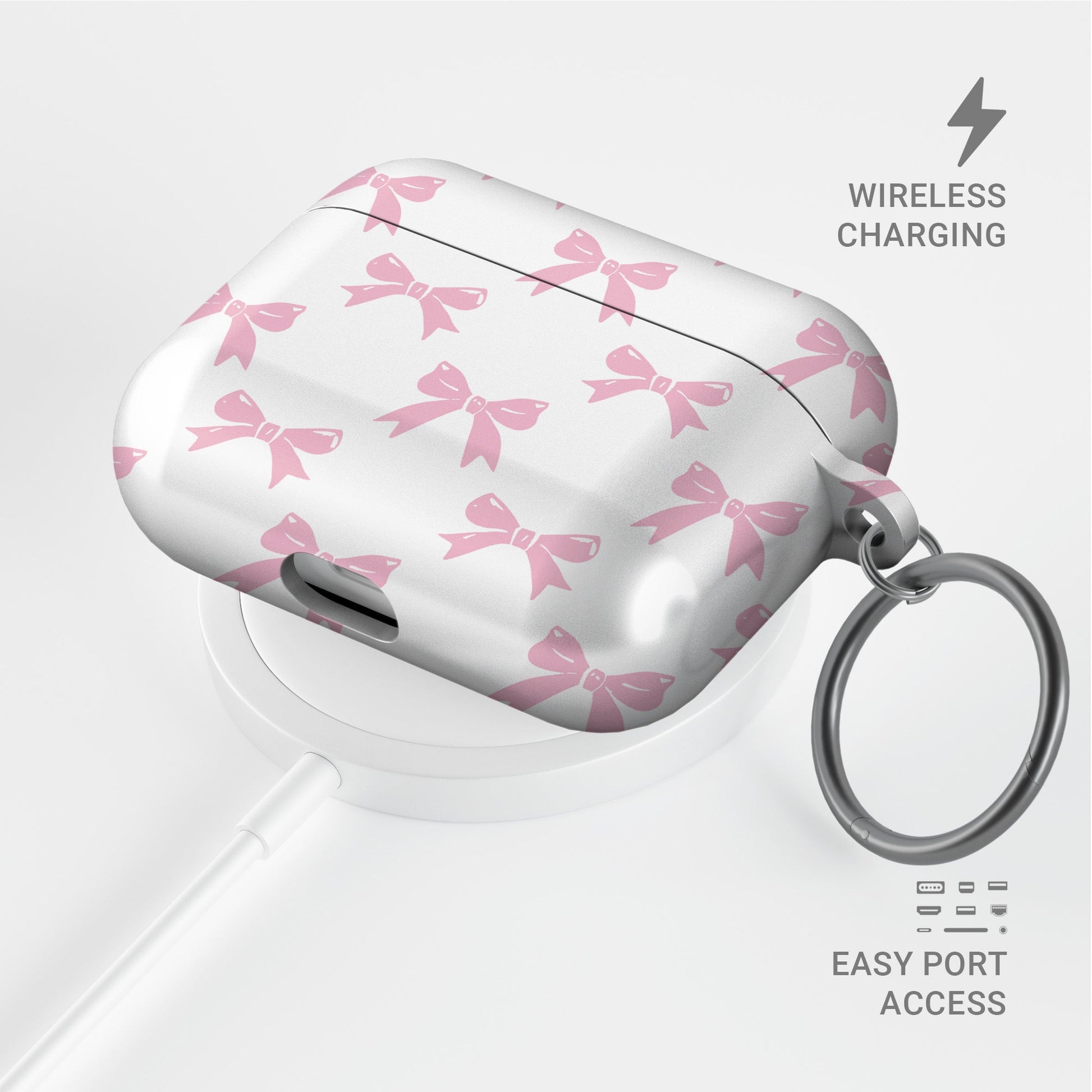 Pastel Confetti AirPods Case – white base with scattered pastel pink bows, slim durable scratch-resistant protective cover for all AirPods models.