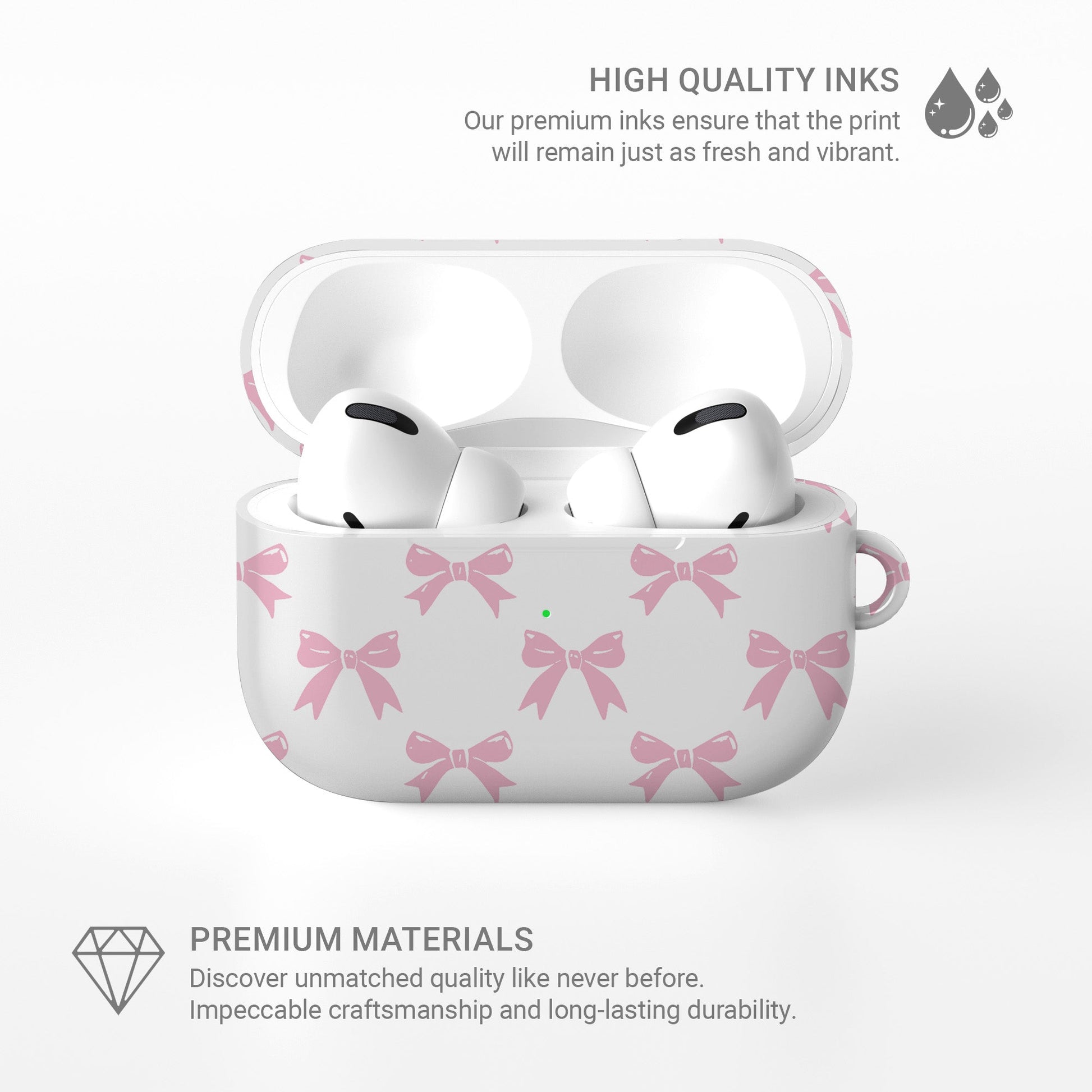 Pastel Confetti AirPods Case – white base with scattered pastel pink bows, slim durable scratch-resistant protective cover for all AirPods models.