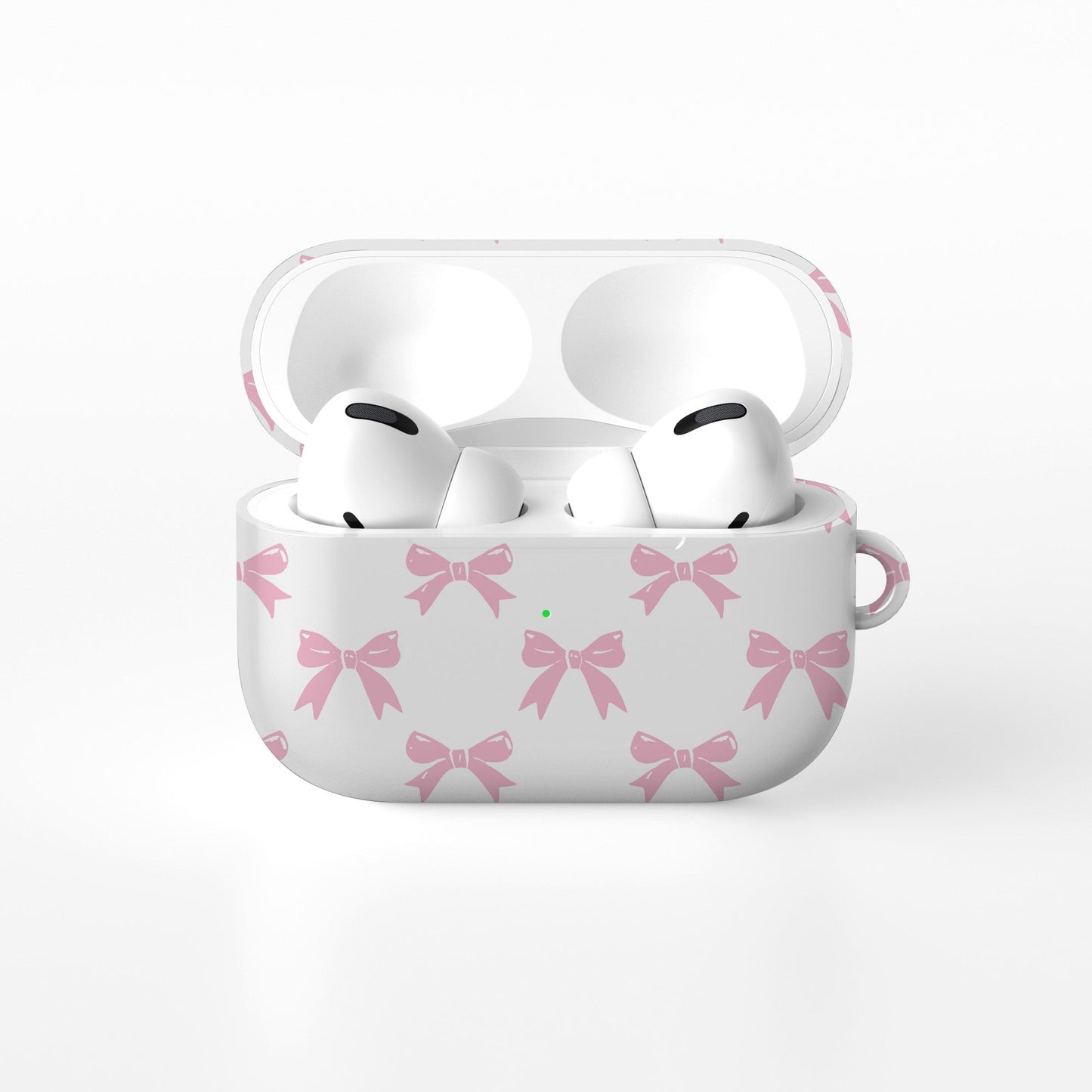 Pastel Confetti AirPods Case – white base with scattered pastel pink bows, slim durable scratch-resistant protective cover for all AirPods models.