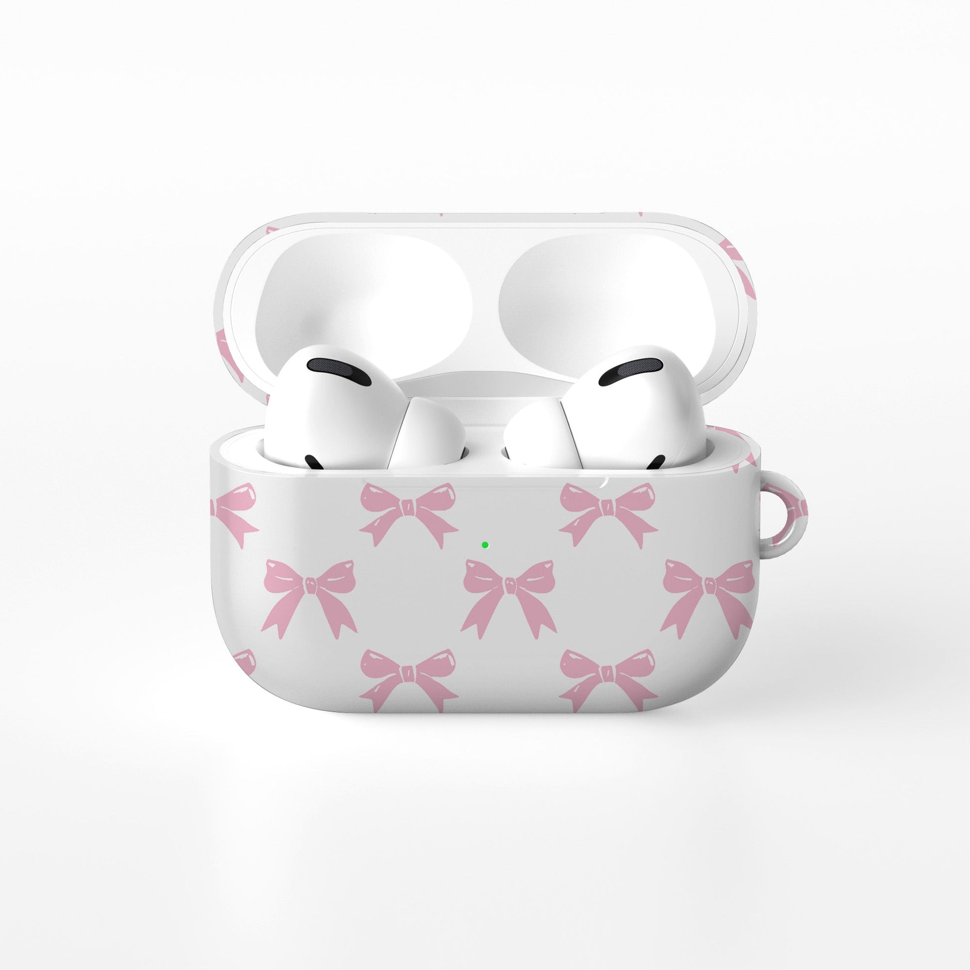 Pastel Confetti AirPods Case – white base with scattered pastel pink bows, slim durable scratch-resistant protective cover for all AirPods models.