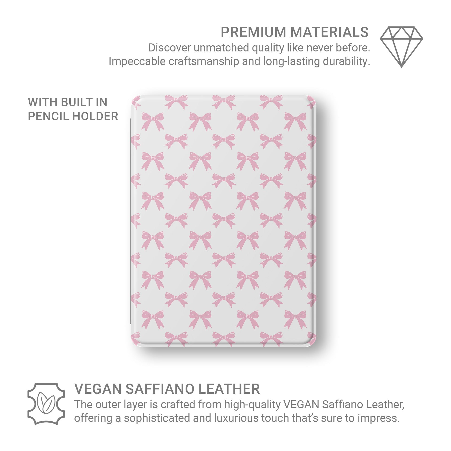 Pastel Confetti iPad Case with pink bows on white background – slim, protective, lightweight tablet cover with Apple Pencil slot and coquette design.