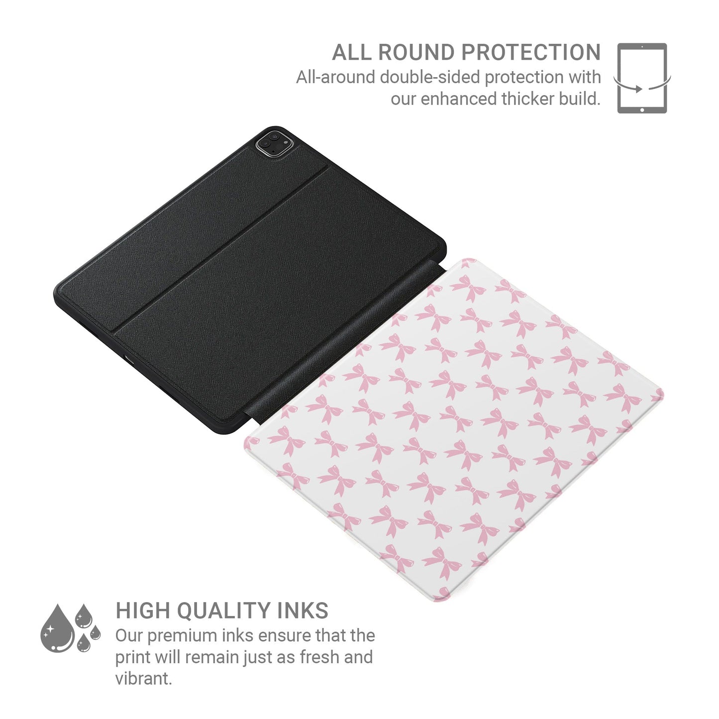 Pastel Confetti iPad Case with pink bows on white background – slim, protective, lightweight tablet cover with Apple Pencil slot and coquette design.