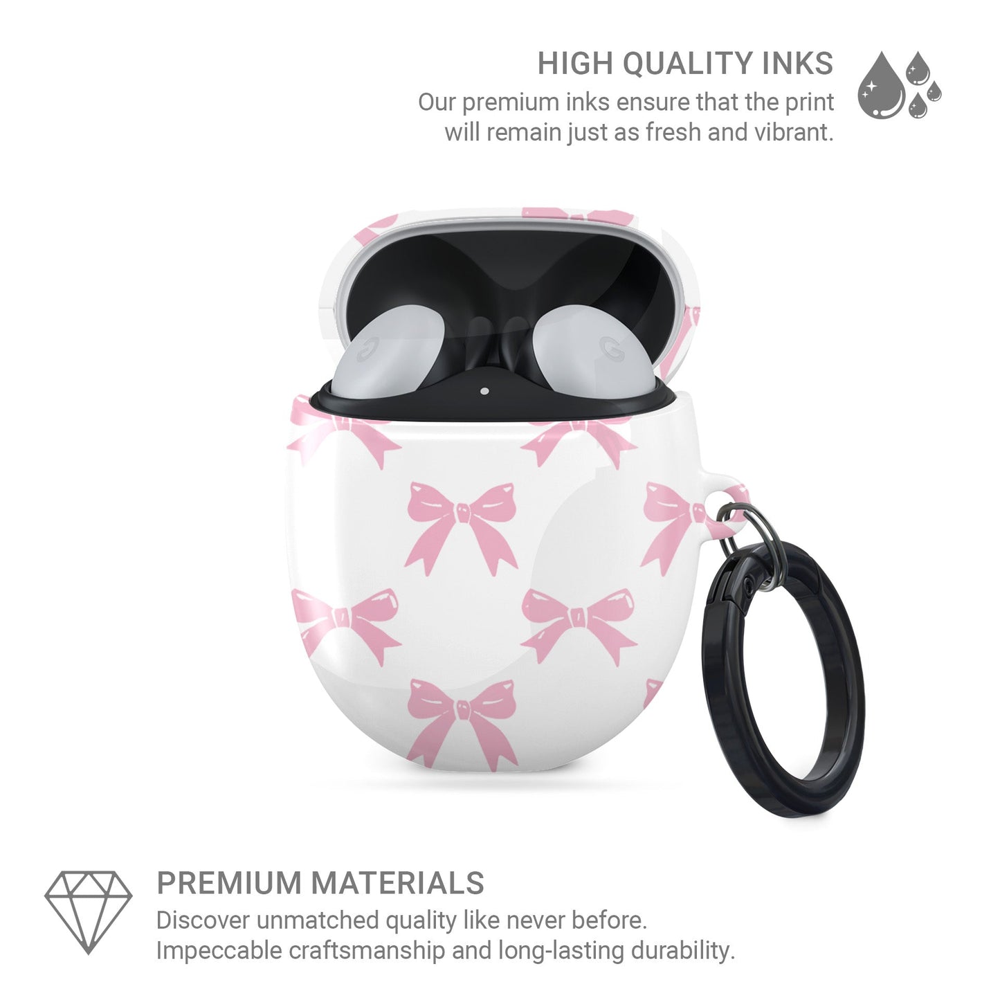 Pastel Confetti Google Pixel Buds Case with pink bow design on white background, slim and stylish protective cover for Pixel Buds 2 and Pro