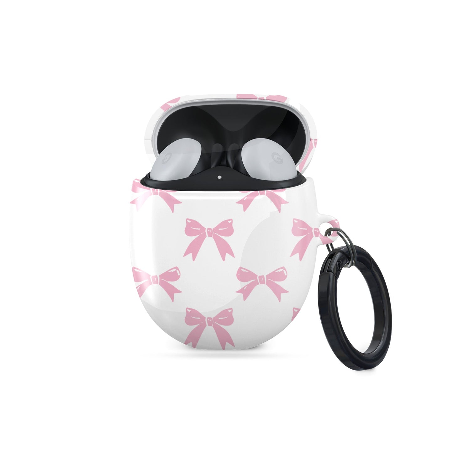 Pastel Confetti Google Pixel Buds Case with pink bow design on white background, slim and stylish protective cover for Pixel Buds 2 and Pro