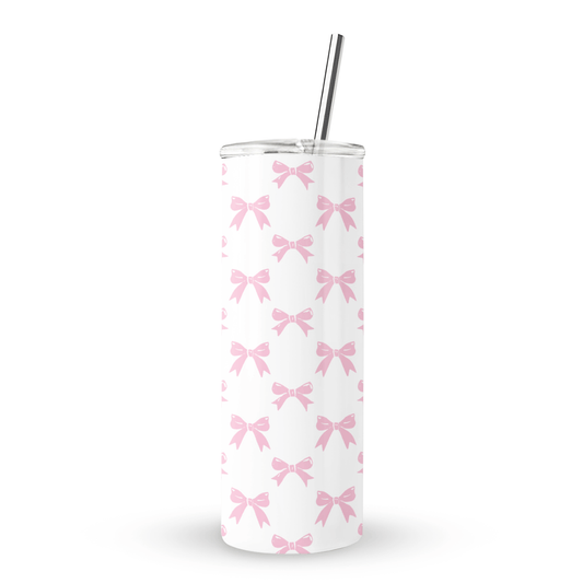 Pastel Confetti Stainless Steel Tumbler with pink bow pattern, 20oz insulated drinkware with reusable straw, feminine coquette travel cup burga
