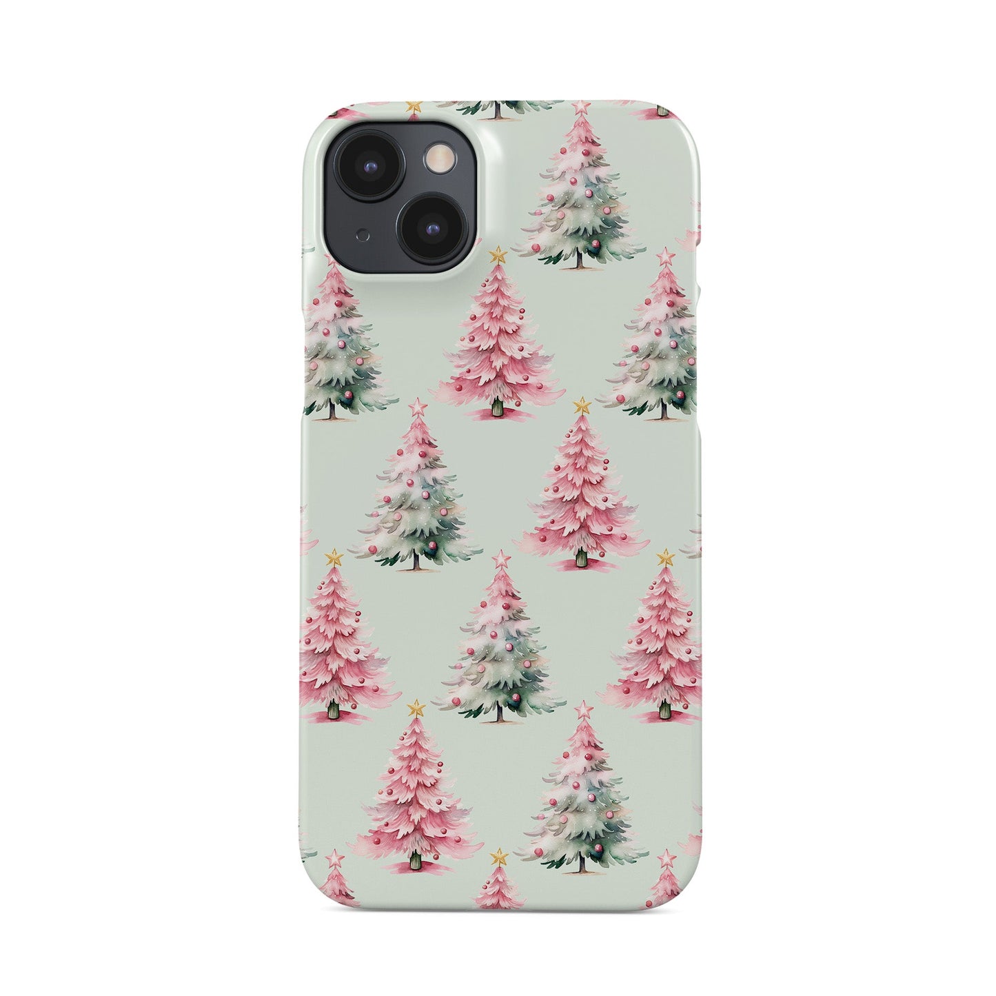 Pastel pattern of pink and mint Christmas trees with snow and small baubles protective phone case by Case & Charm Peppermint Pines design