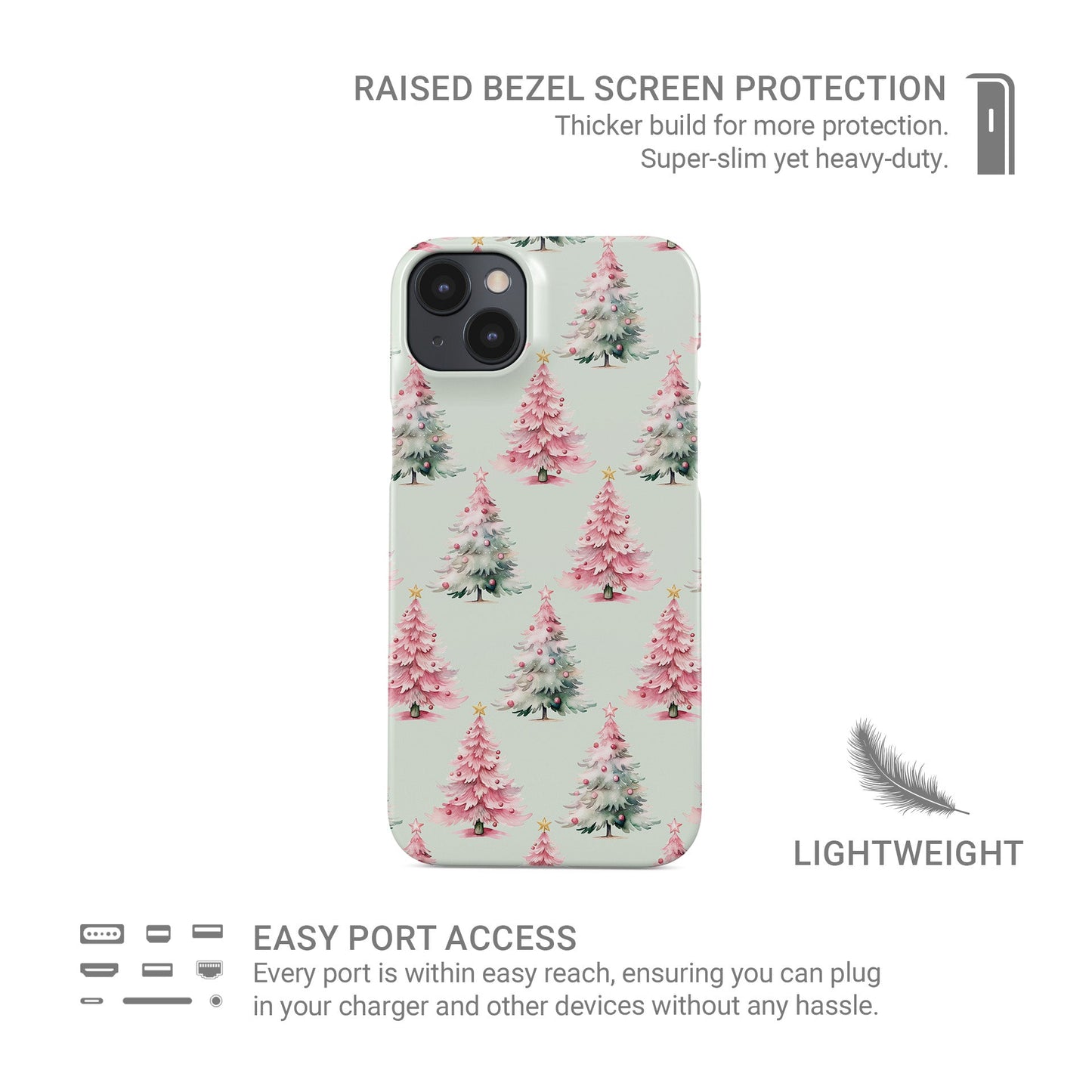 Pastel pattern of pink and mint Christmas trees with snow and small baubles protective phone case by Case & Charm Peppermint Pines design