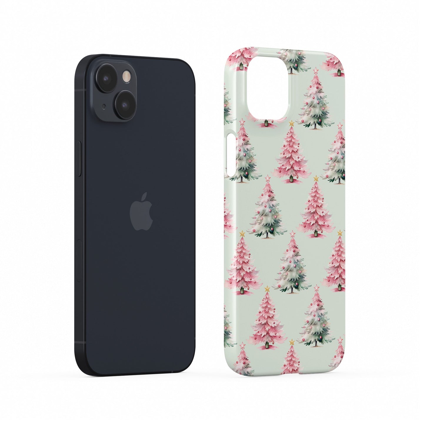 Pastel pattern of pink and mint Christmas trees with snow and small baubles protective phone case by Case & Charm Peppermint Pines design