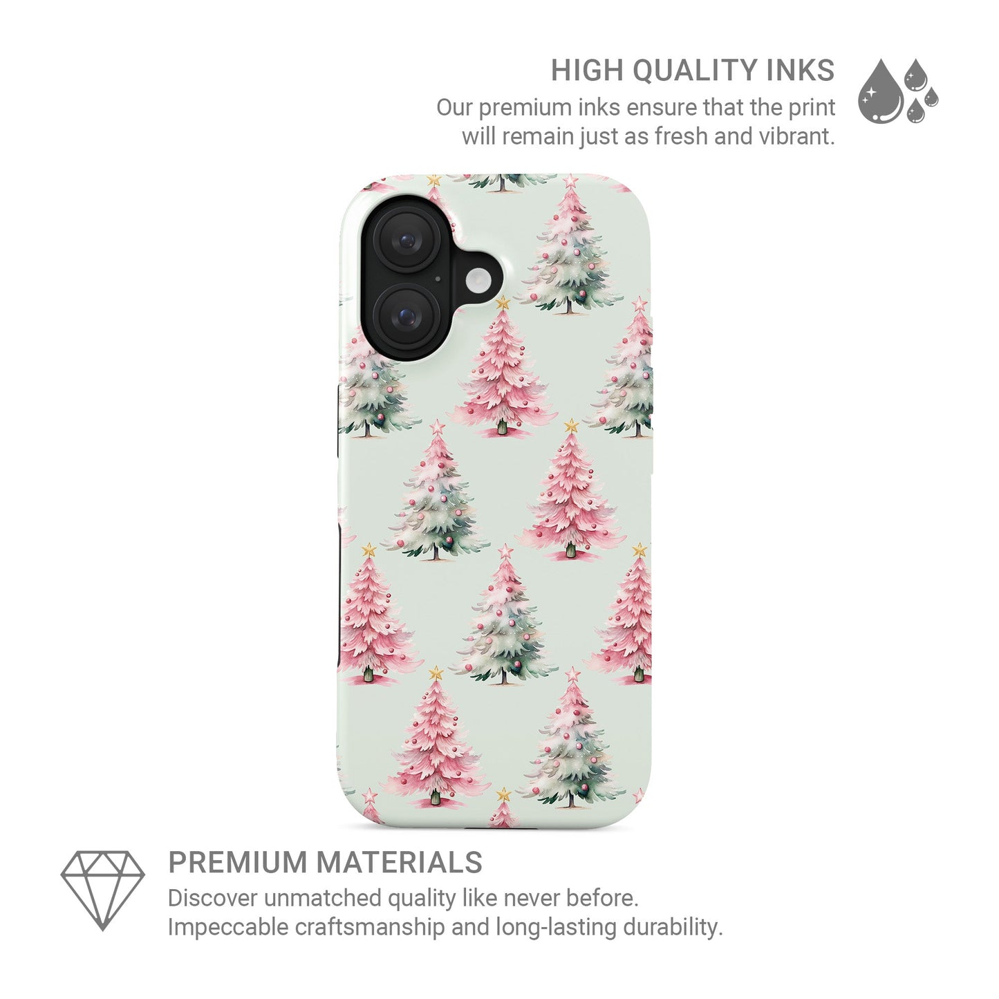 Glossy tough phone case with repeating pink and mint Christmas trees on a soft pastel background, Case & Charm Peppermint Pines design