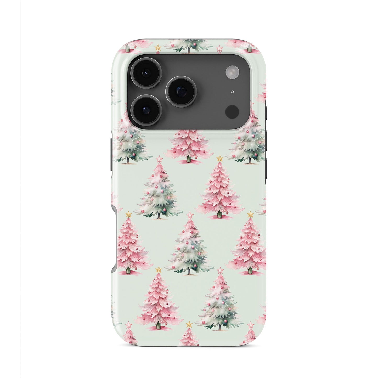Glossy tough phone case with repeating pink and mint Christmas trees on a soft pastel background, Case & Charm Peppermint Pines design