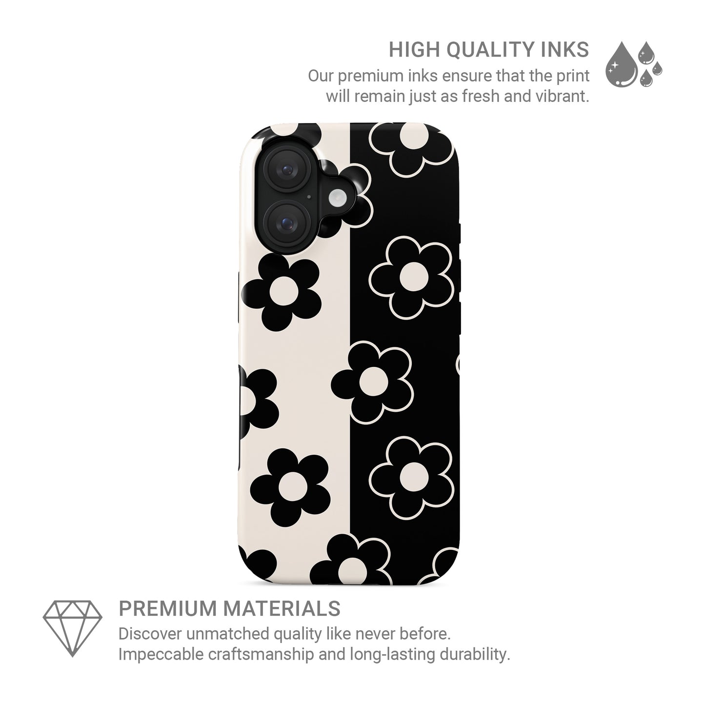 Black and cream floral tough phone case with split background petal pattern design