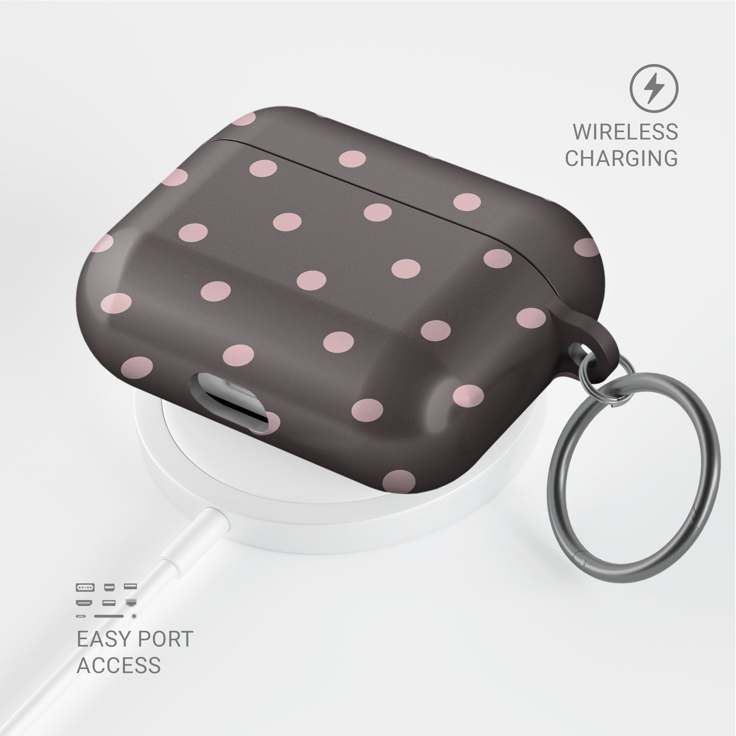 Strawberry Drops AirPods Case featuring small strawberry-pink polka dots on a rich cocoa-brown background.