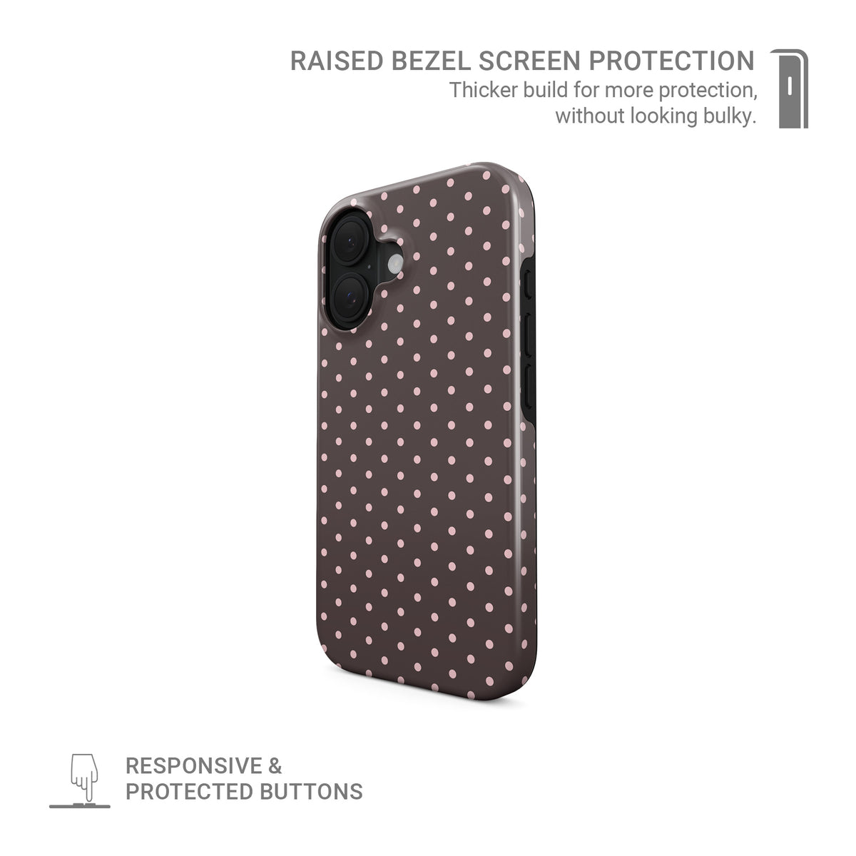 Strawberry Drops MagSafe Tough Case featuring small strawberry-pink polka dots on a rich cocoa-brown background.