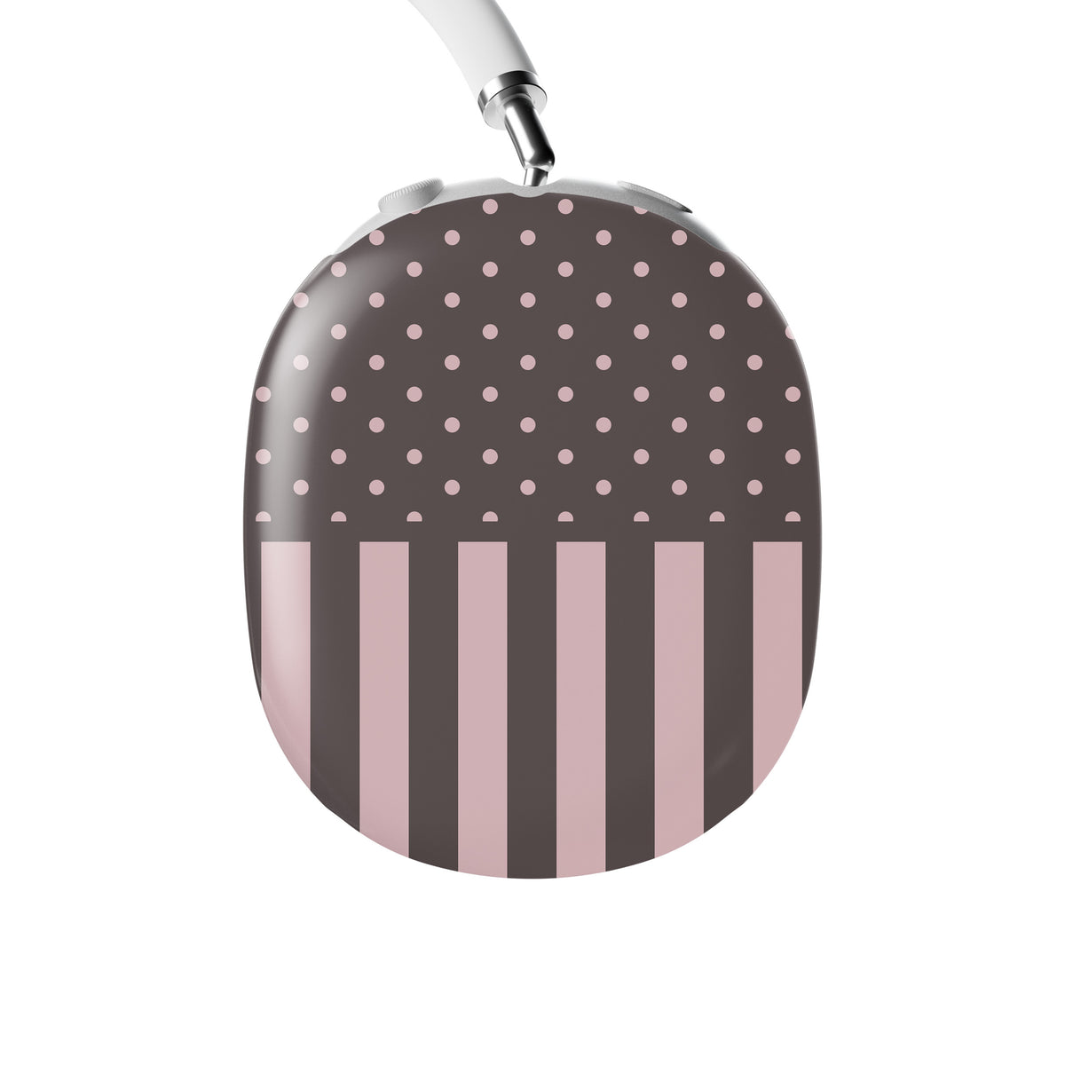 Strawberry Wafer AirPods Max Covers featuring fine strawberry-pink polka dots above bold vertical strawberry-pink stripes on a cocoa-brown background.