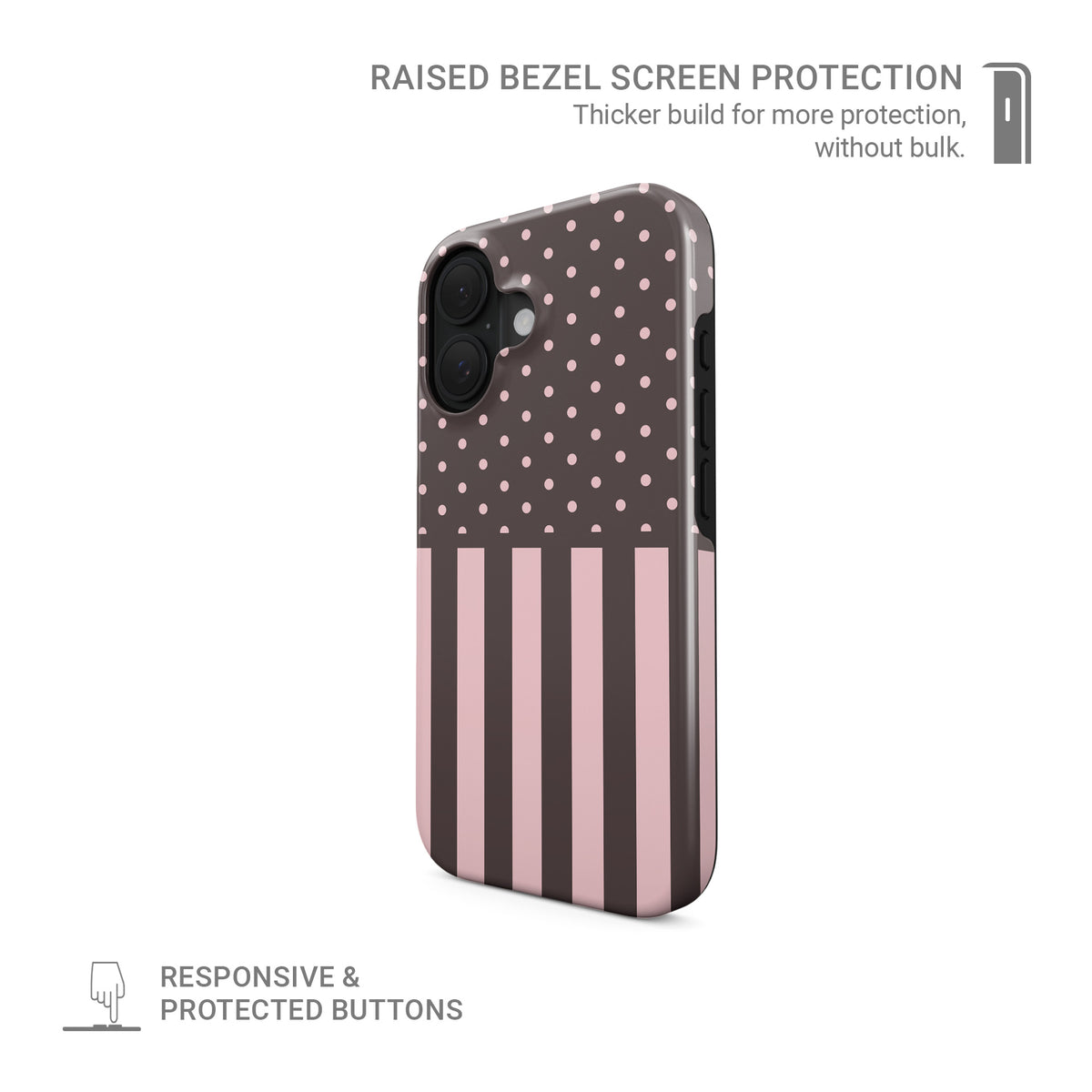 Strawberry Wafer Tough Phone Case featuring fine strawberry-pink polka dots above bold vertical strawberry-pink stripes on a cocoa-brown background.