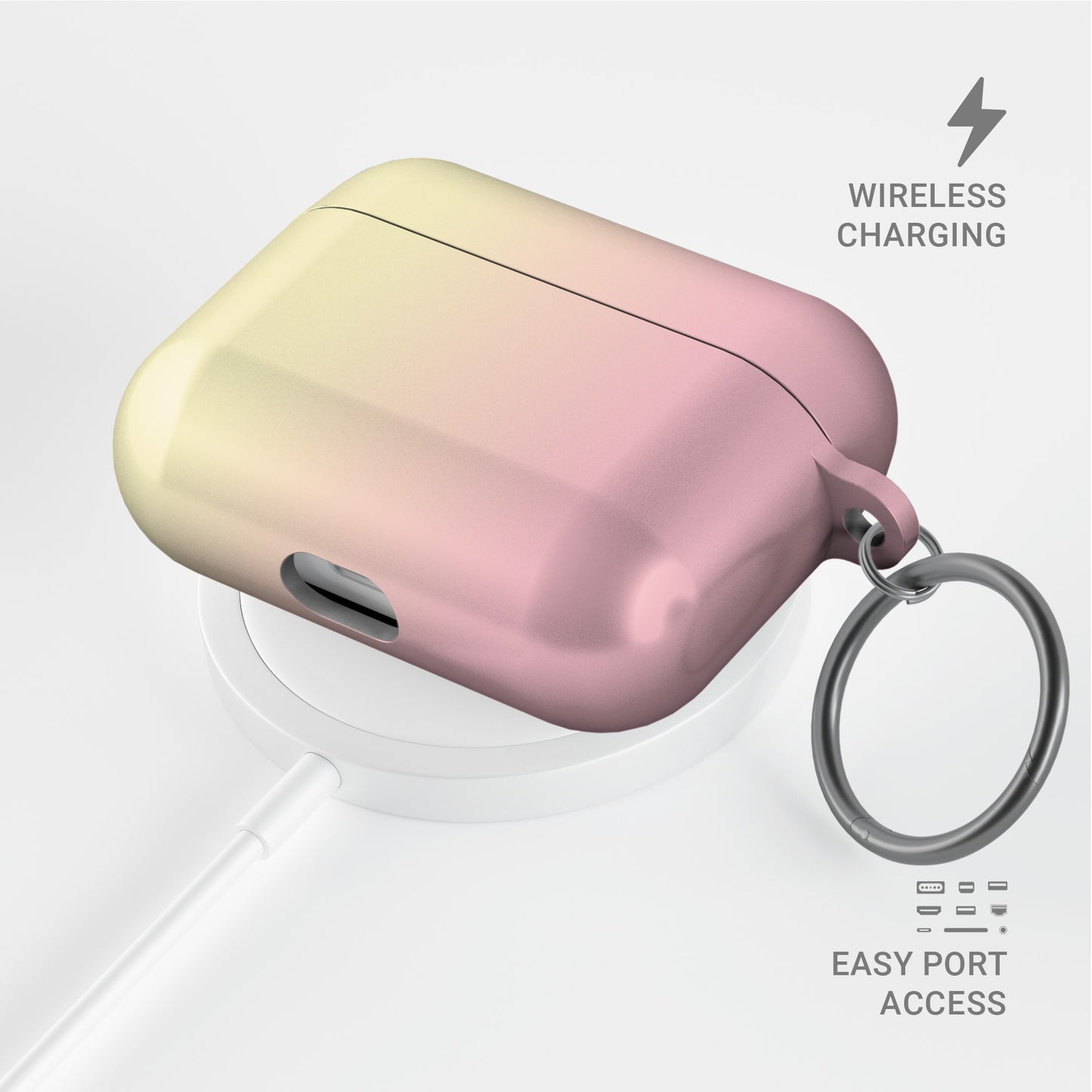 Pink and yellow AirPods case with soft sunset ombre gradient print on a glossy Apple AirPods magsafe compatible case by Case & Charm.