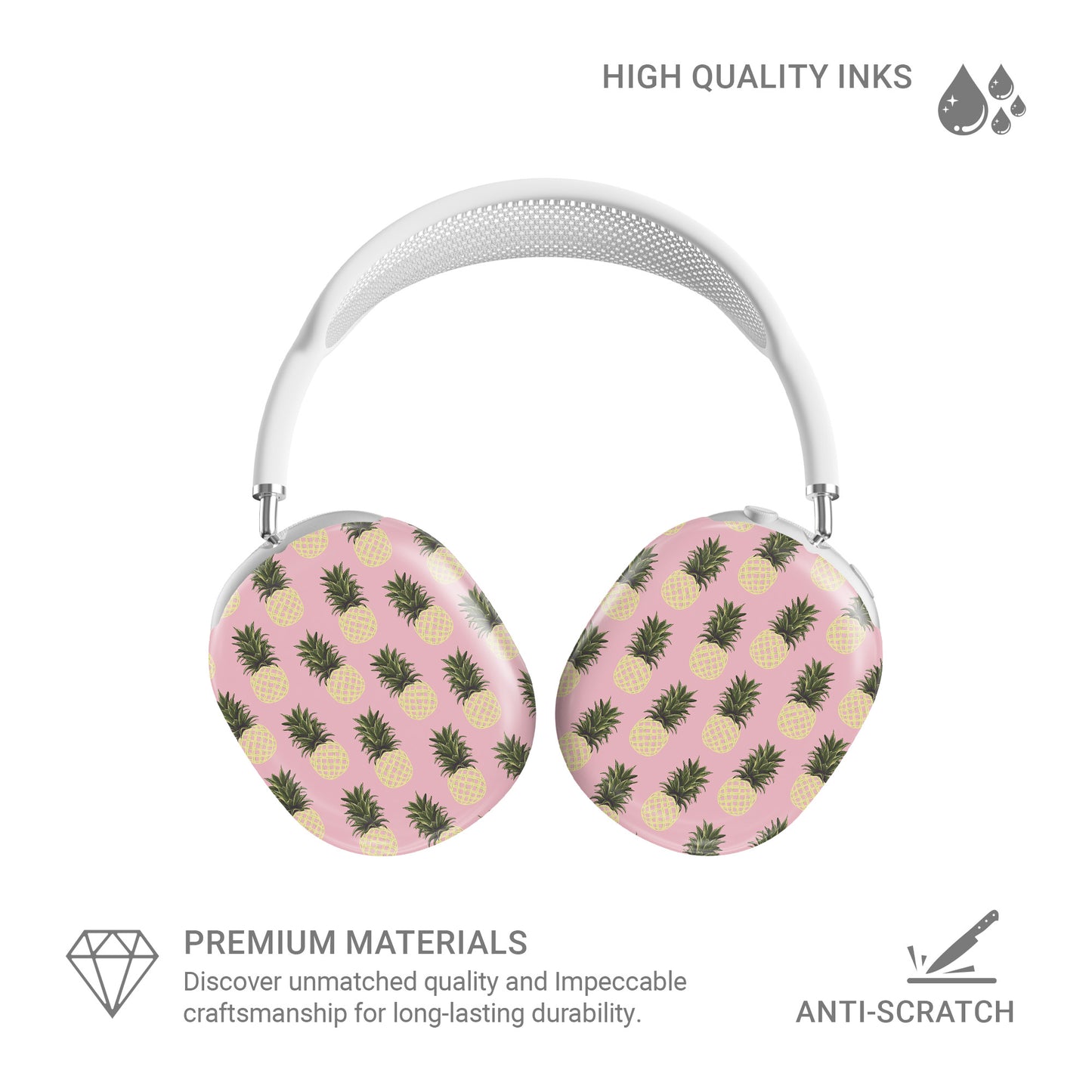 Pink pineapple AirPods Max case with yellow pineapple fruit print on glossy headphone ear cup covers by Case & Charm.