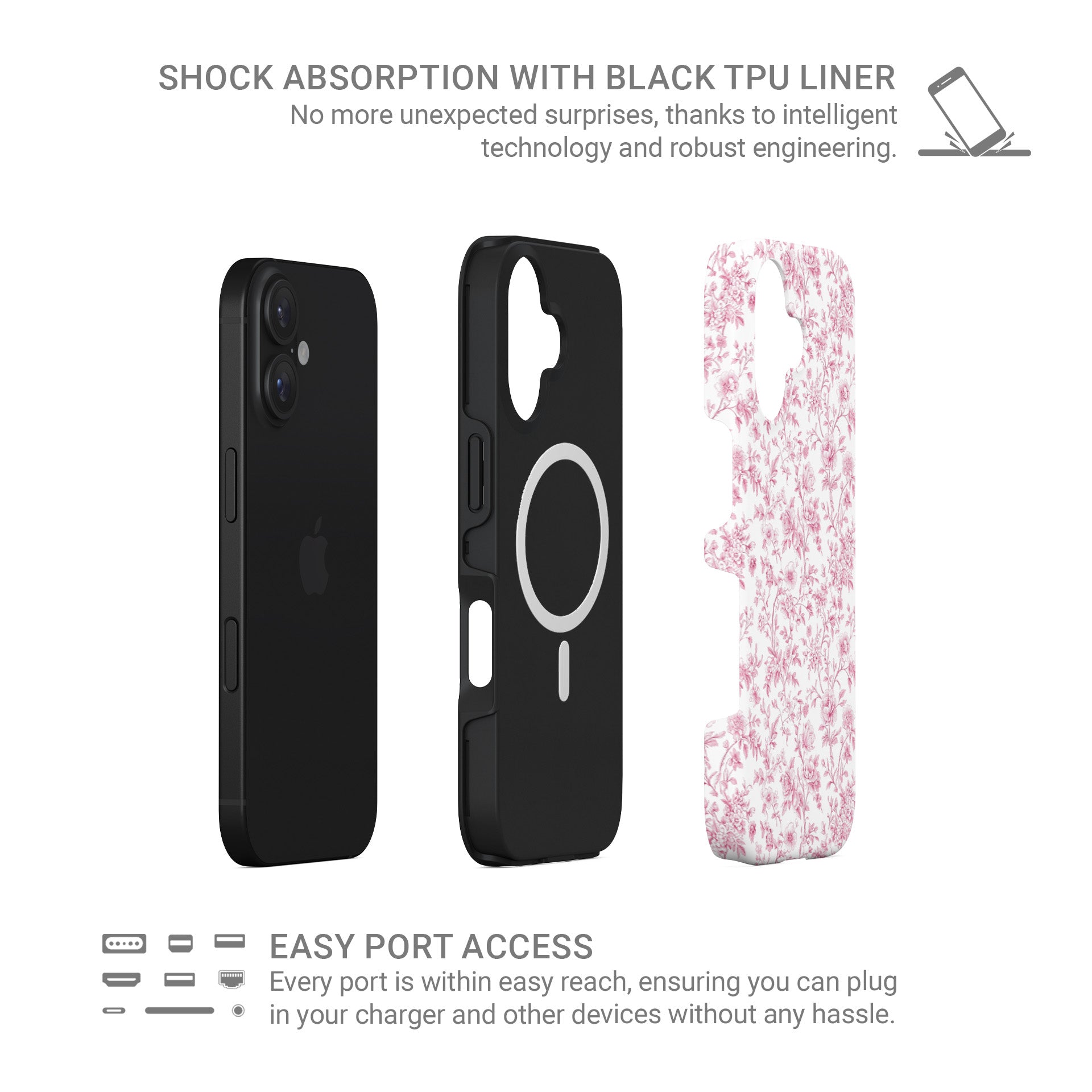 MagSafe Tough Phone Case – dual-layer pink floral design for iPhone