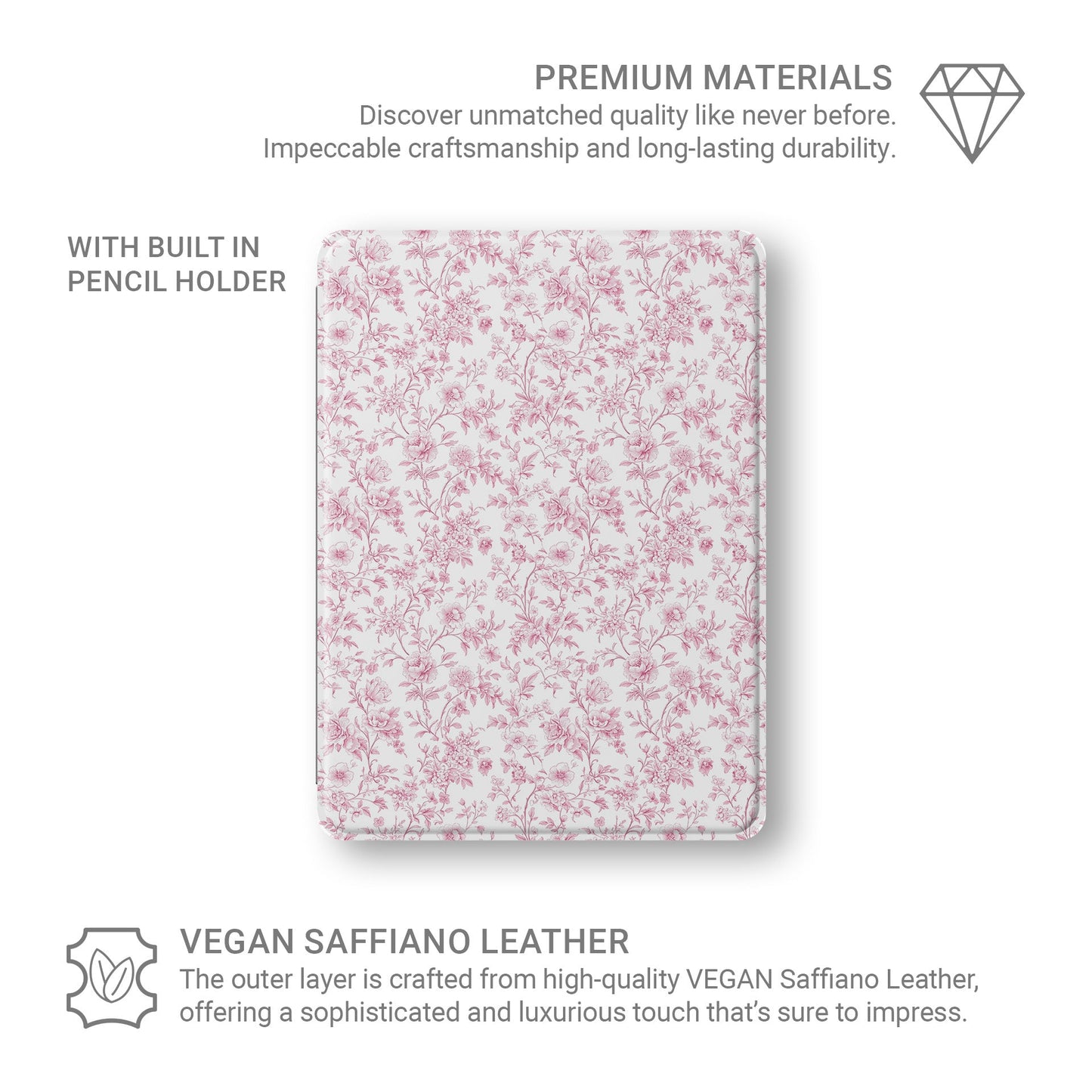 Slim iPad Pro case with Apple Pencil slot and pink floral design