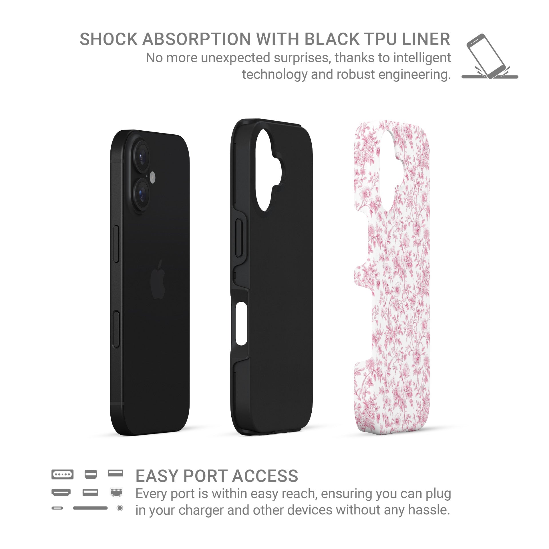 Tough Phone Case – dual-layer pink floral design for iPhone