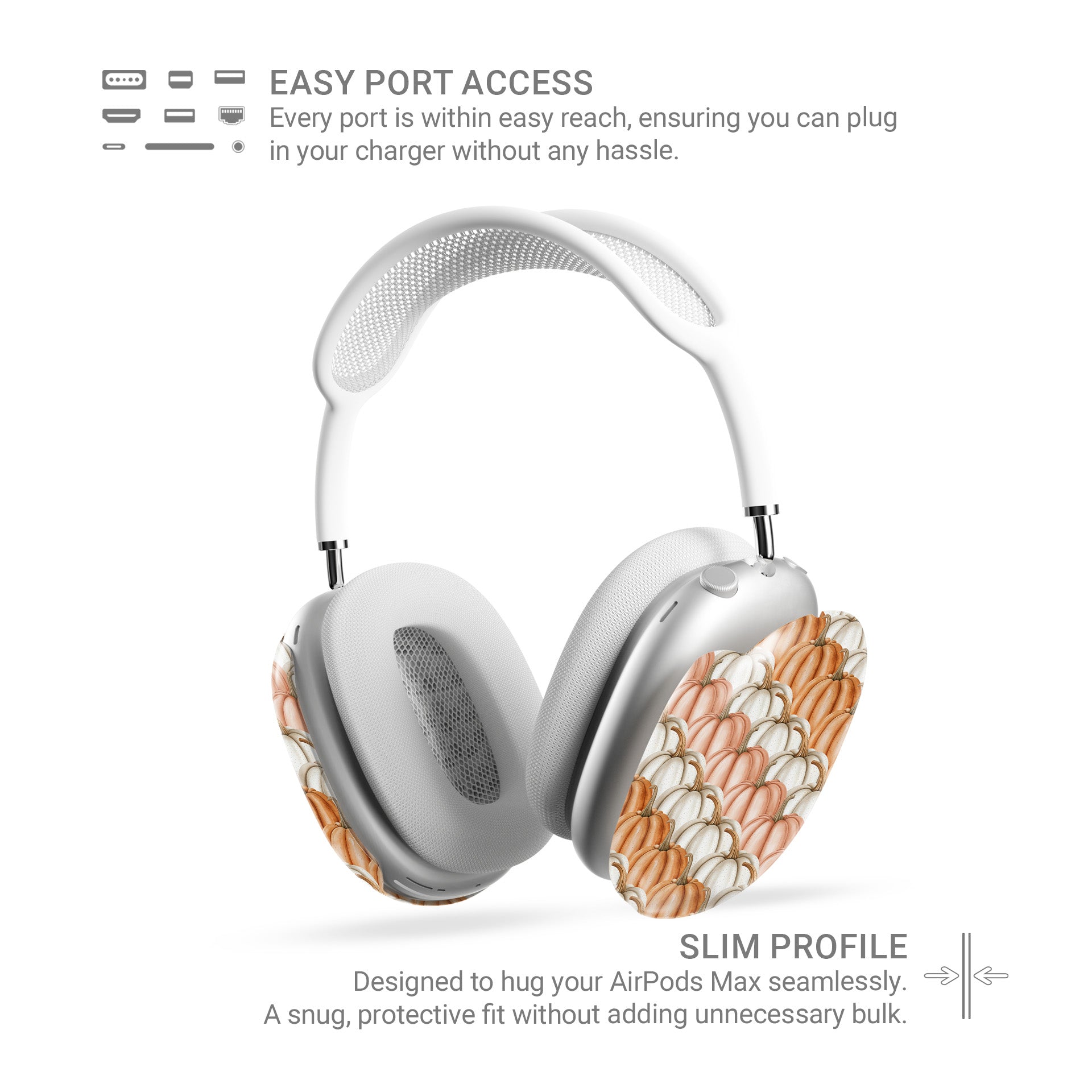 Protective AirPods Max cover in cozy autumn pumpkin pattern