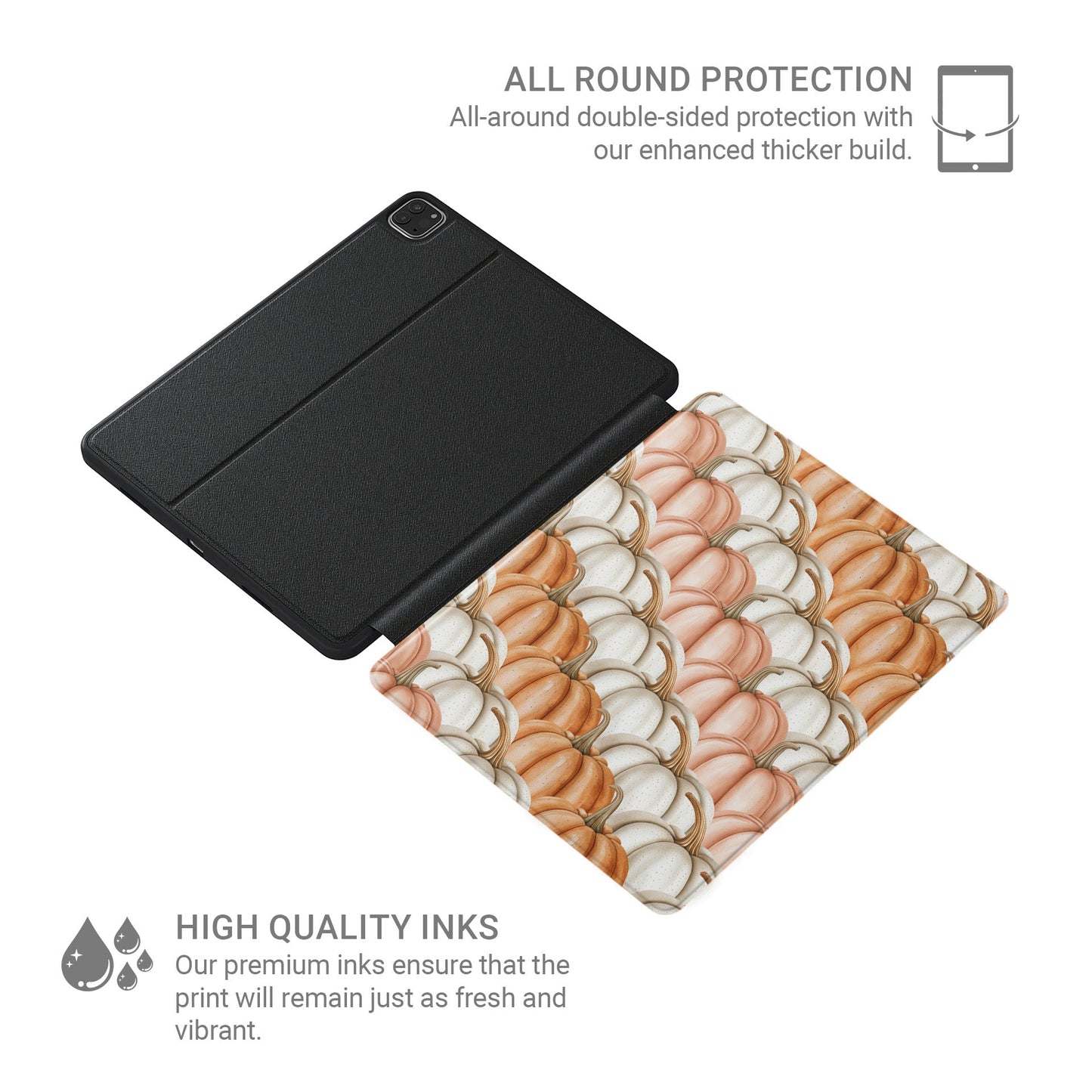 Pumpkin Pile Up iPad Case with pumpkin design and Apple Pencil holder