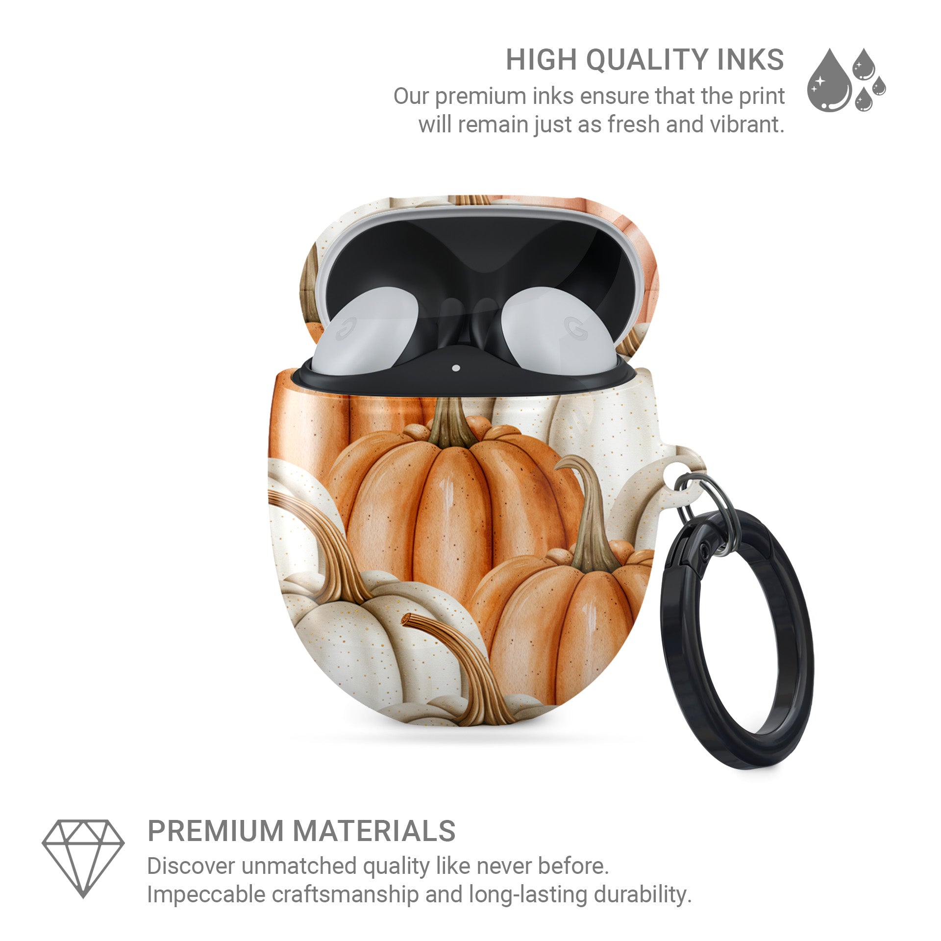 Protective Pixel Buds Pro case in cozy fall pumpkin pattern