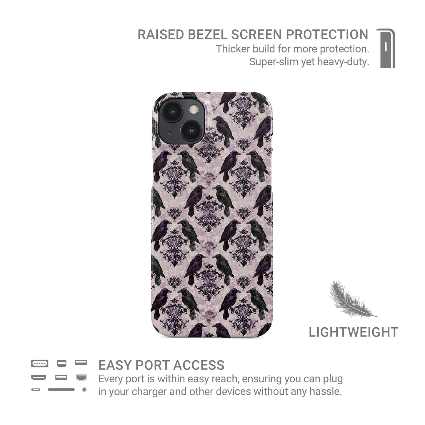 Purple and black raven damask snap phone case – slim glossy Halloween gothic design