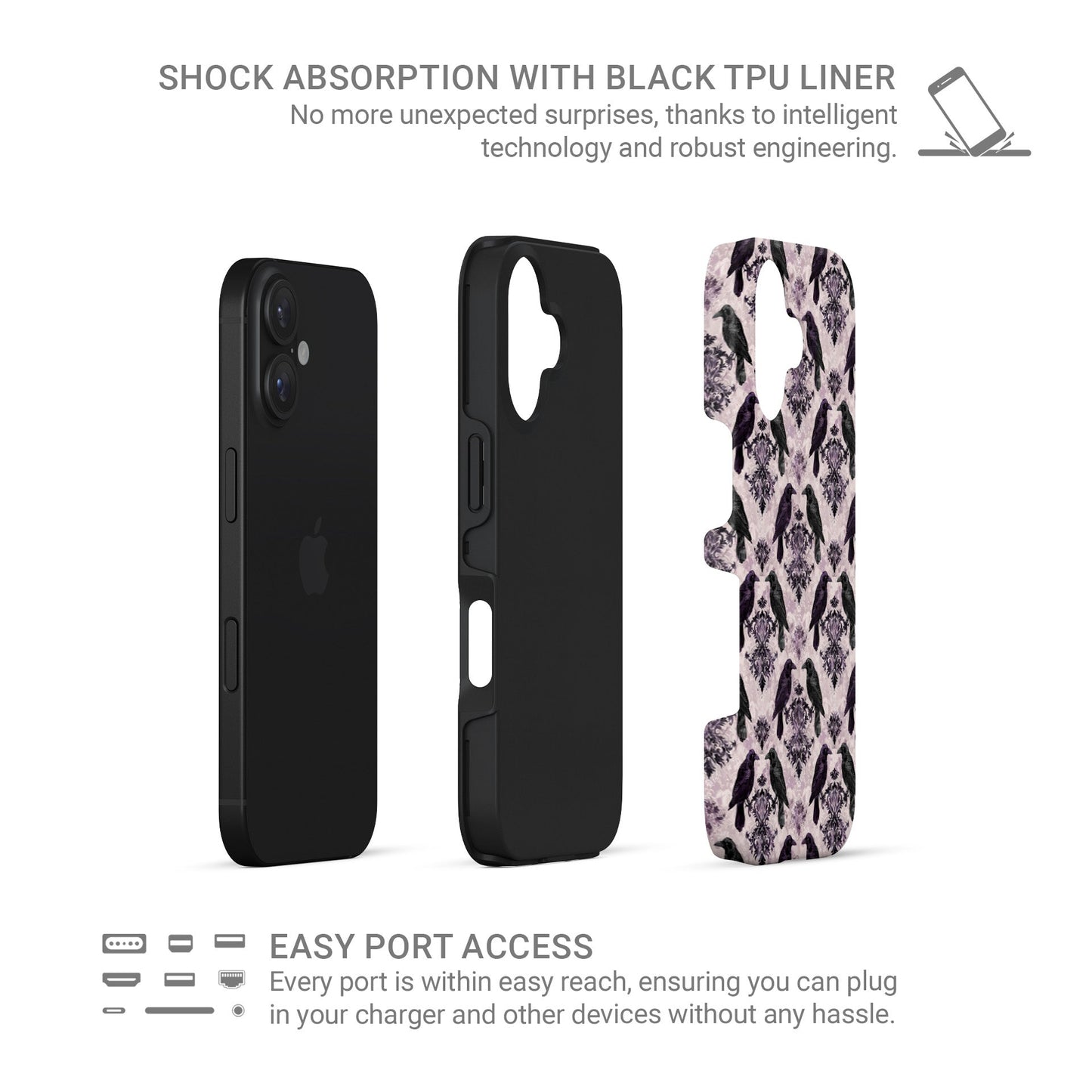Raven’s Promise Tough Phone Case with symbolic raven design on damask background and dual-layer protection