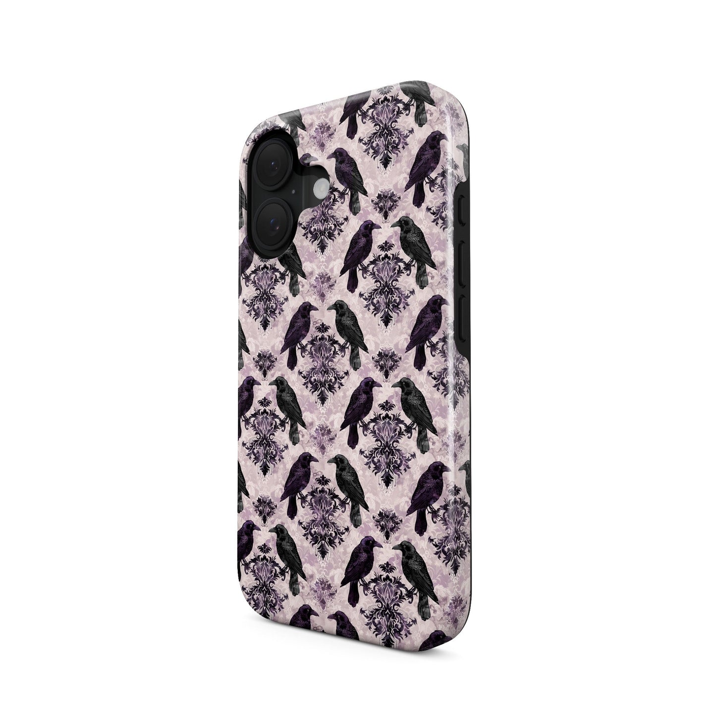Raven’s Promise Tough Phone Case with symbolic raven design on damask background and dual-layer protection