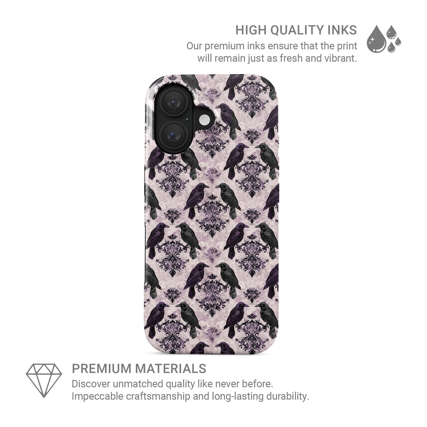 Raven’s Promise Tough Phone Case with symbolic raven design on damask background and dual-layer protection