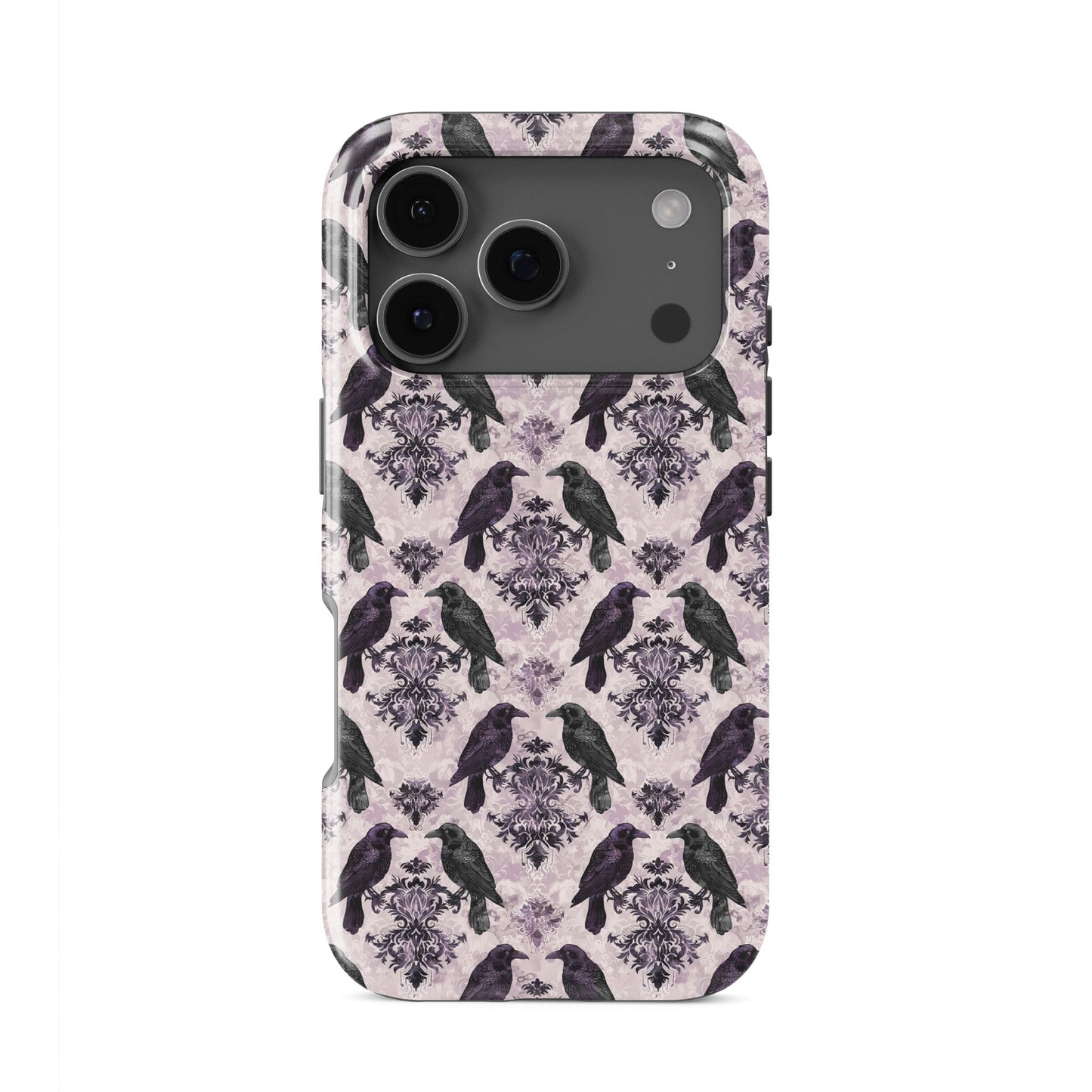 Raven’s Promise Tough Phone Case with symbolic raven design on damask background and dual-layer protection