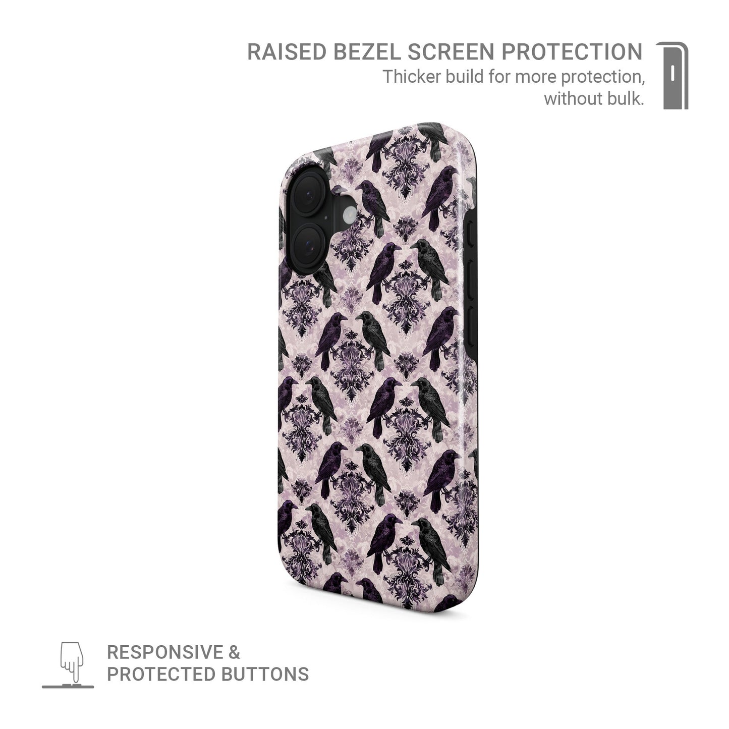 Raven’s Promise Tough Phone Case with symbolic raven design on damask background and dual-layer protection