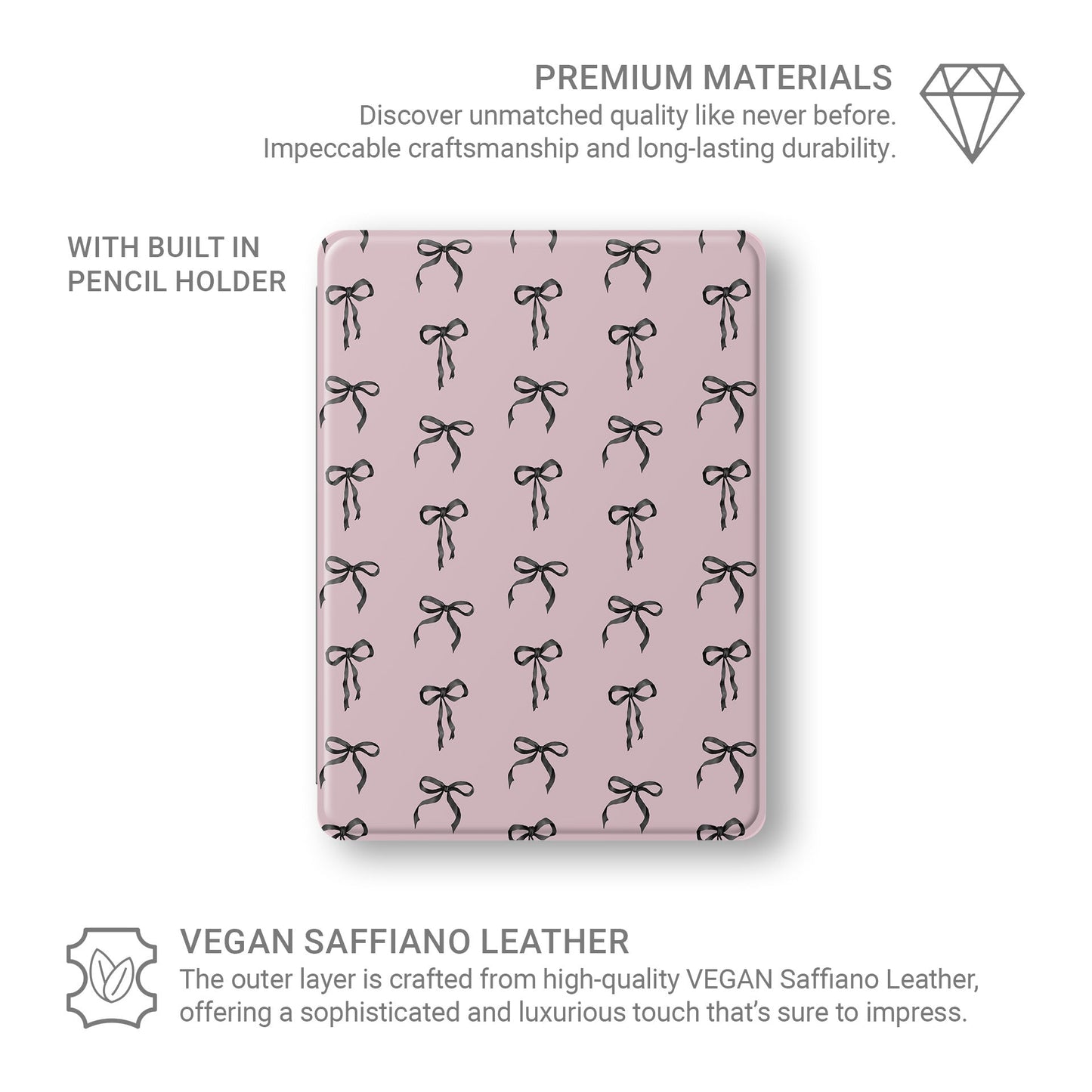 Pink and black bow-patterned iPad case – Ribbon Reverie design