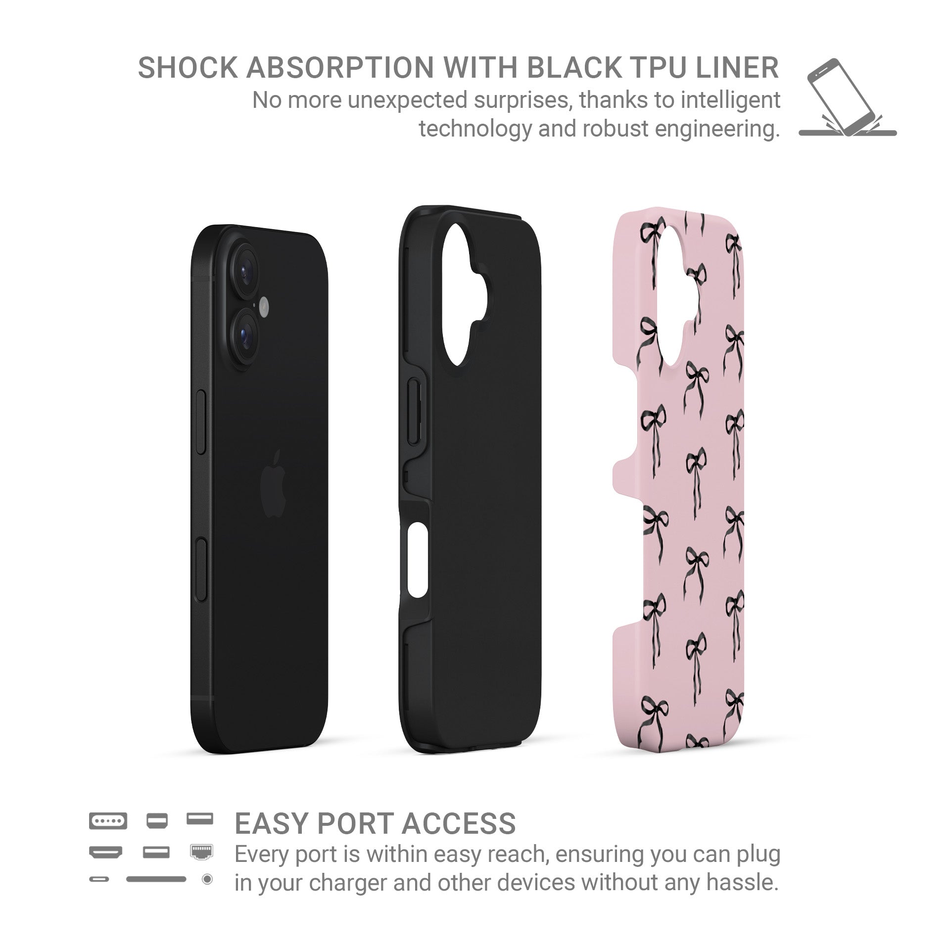 Elegant pink and black bow protective phone case