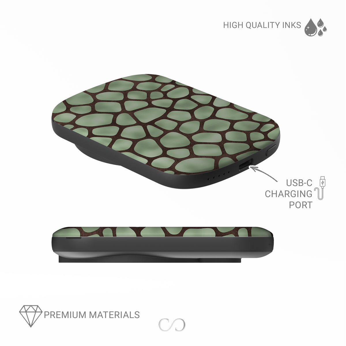 Mossy Mosaic Power Bank with sage green giraffe spots outlined in chocolate brown from the Wild Atelier collection.