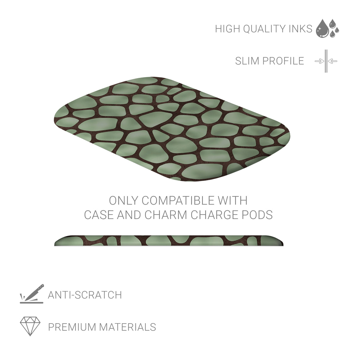 Mossy Mosaic Power Bank Shell with sage green giraffe spots outlined in chocolate brown from the Wild Atelier collection.