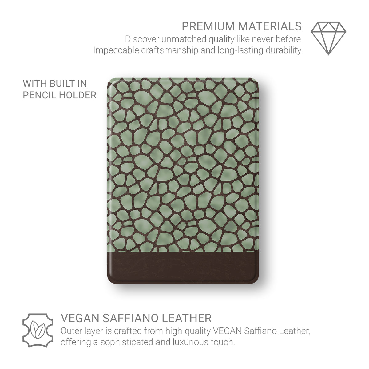 Mossy Mosaic iPad Folio Case with sage green giraffe spots outlined in chocolate brown from the Wild Atelier collection.